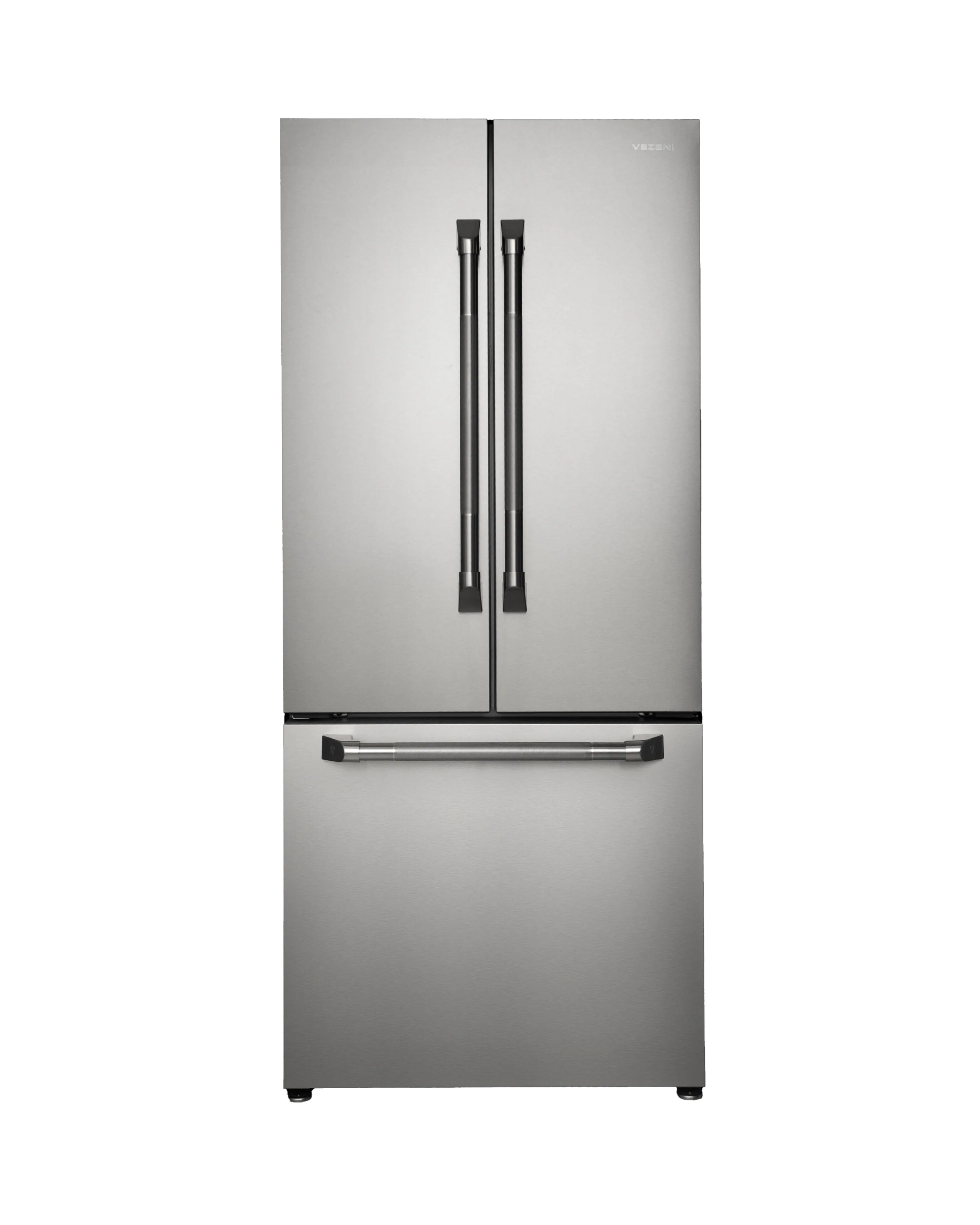 Stainless steel top-freezer refrigerator with two-door front and recessed handle bar