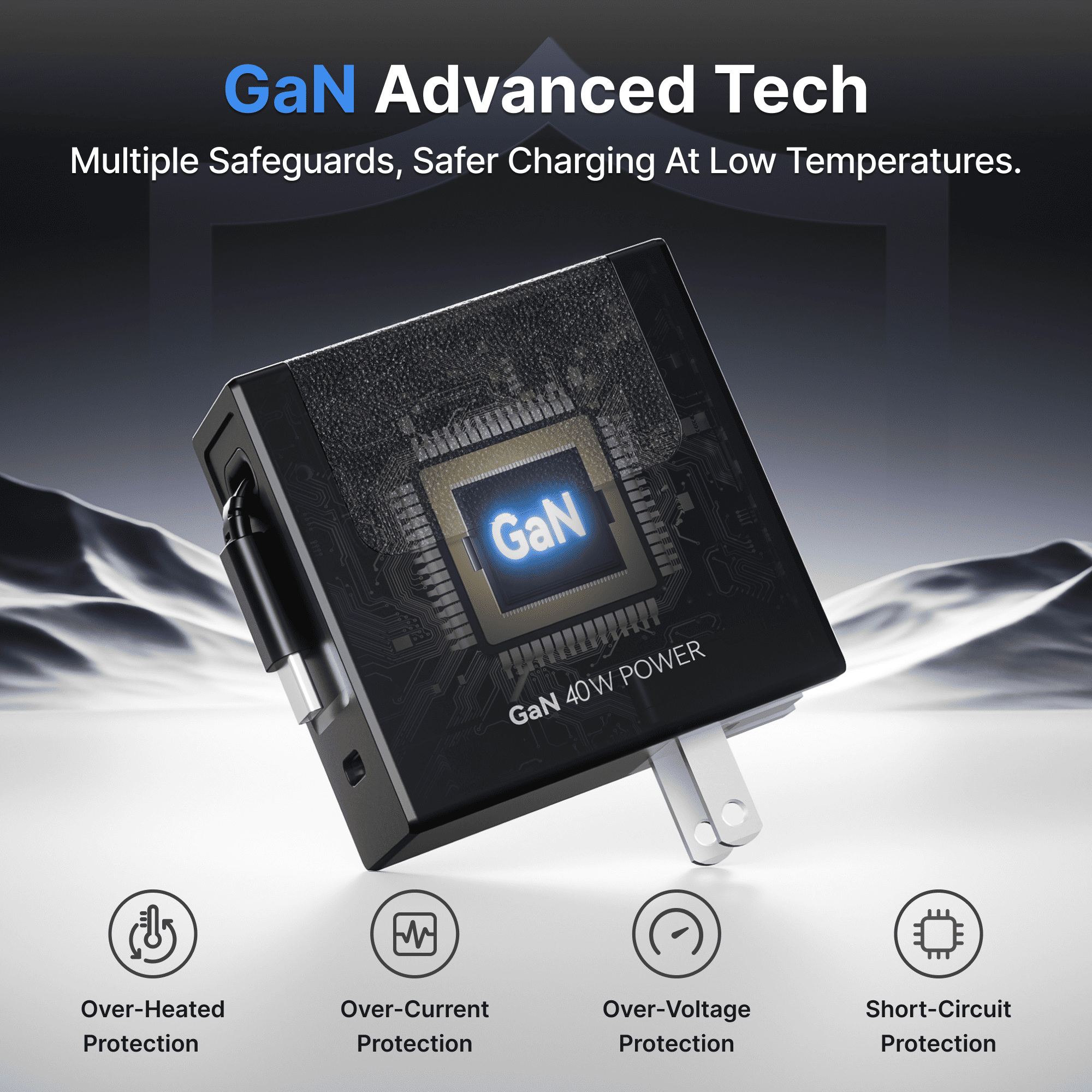Black GaN 40W power charger with compact fold-out plug and built-in cable
