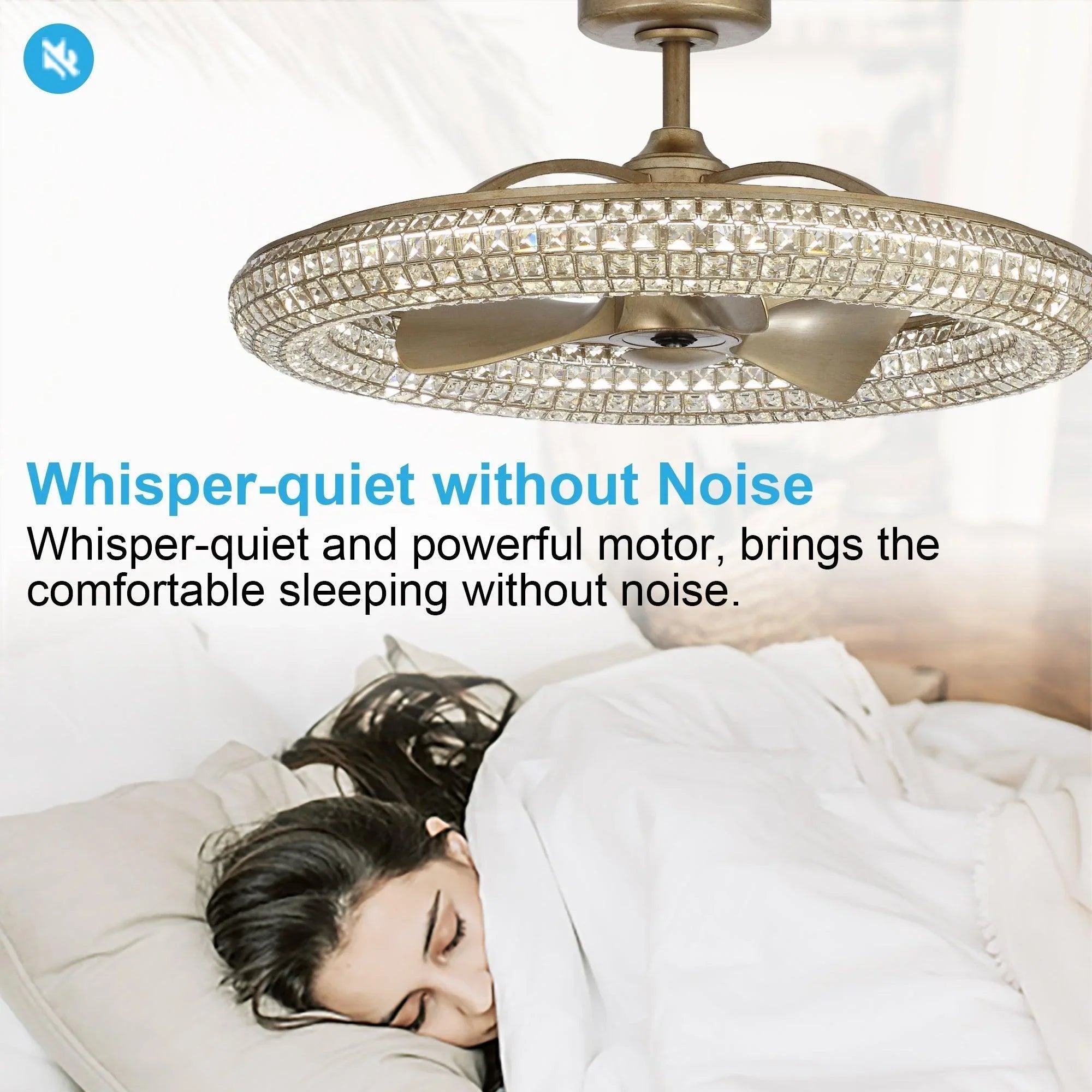 Golden ceiling fan with crystal ring light housing and three blades beneath the canopy.