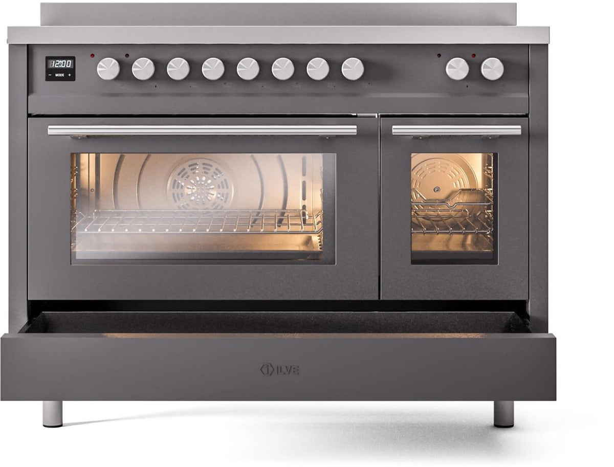 Matte graphite 48-inch induction range with two ovens and knob cooktop controls