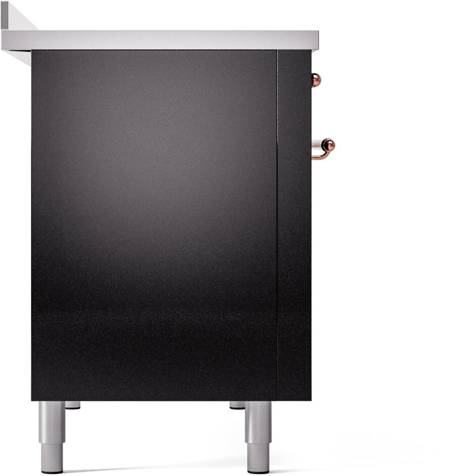 Matte black side panel of freestanding induction range with copper handle detail and legs