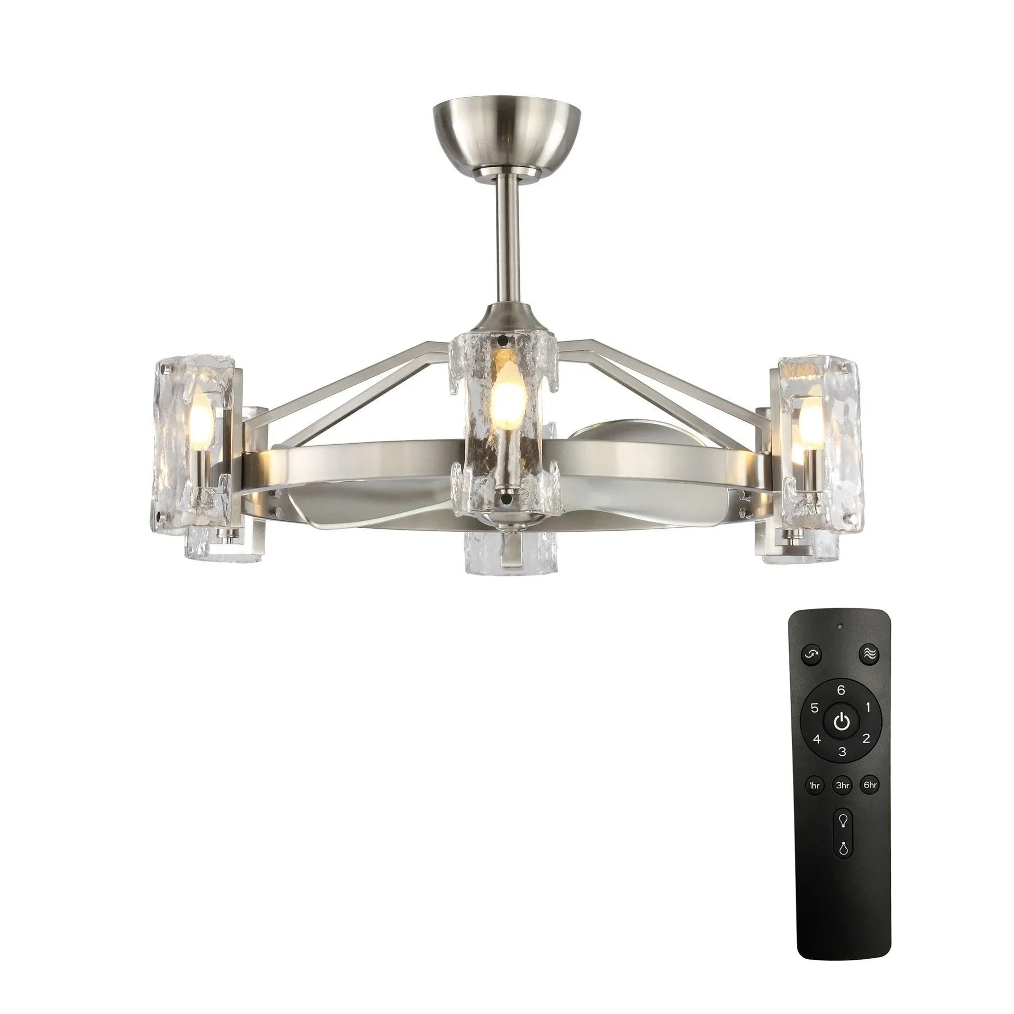 Brushed nickel ceiling fan with remote control and four clear glass light shades