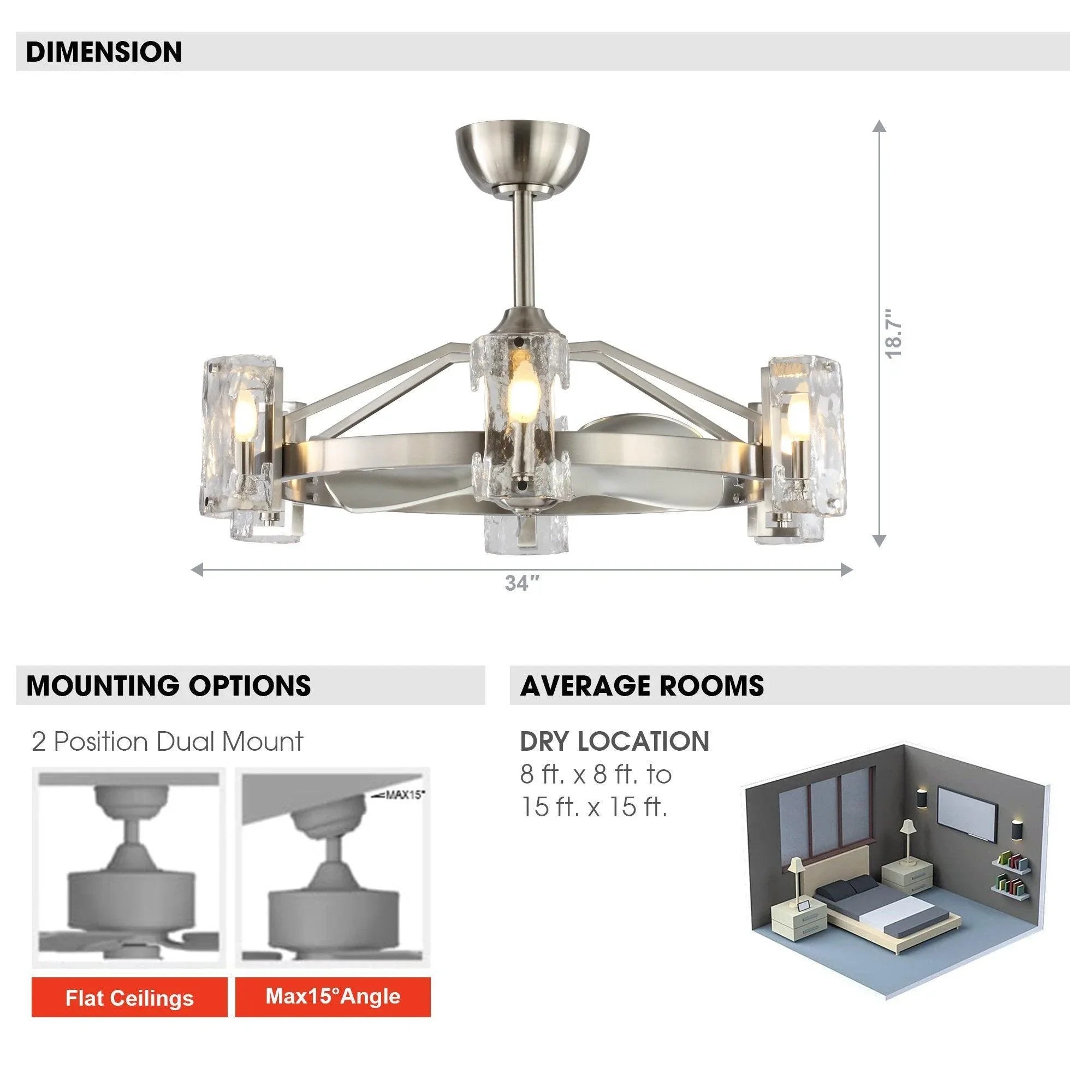 Brushed nickel ceiling fan with clear glass light shades and four downlight fixtures