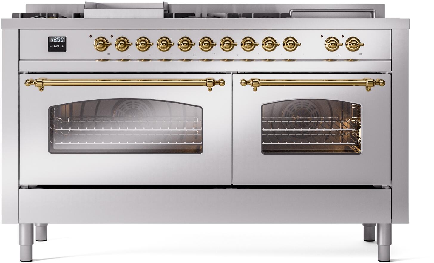 Stainless steel dual fuel range with two oven windows, brass trim handles, and burner control knobs