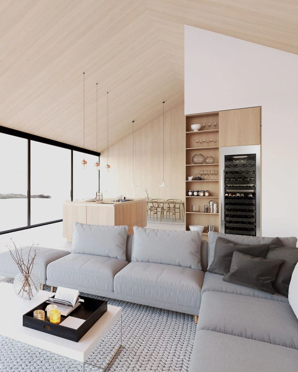 Built-in wine cooler with open door, glass front, interior wine racks and shelves