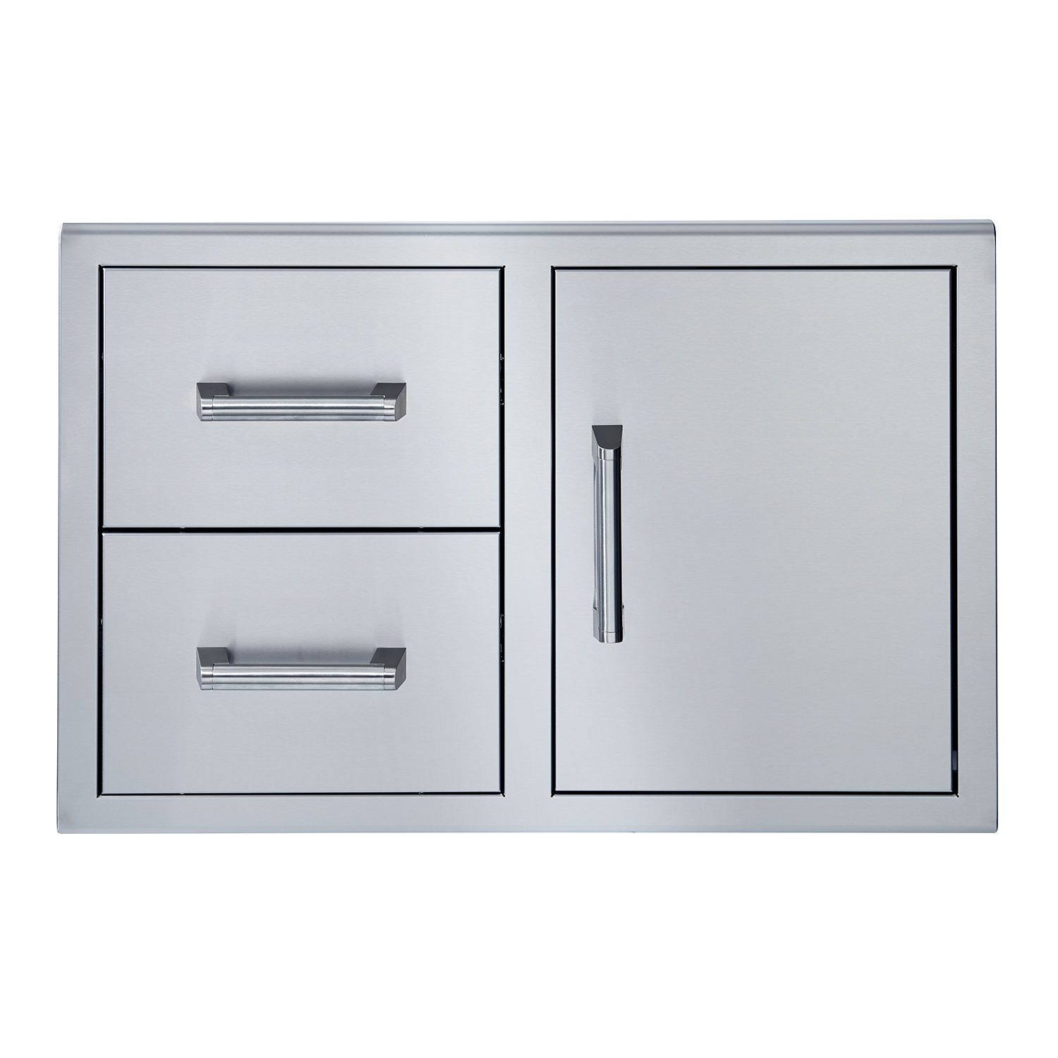 Stainless steel single-door cabinet with two drawers and drawer pulls, front view