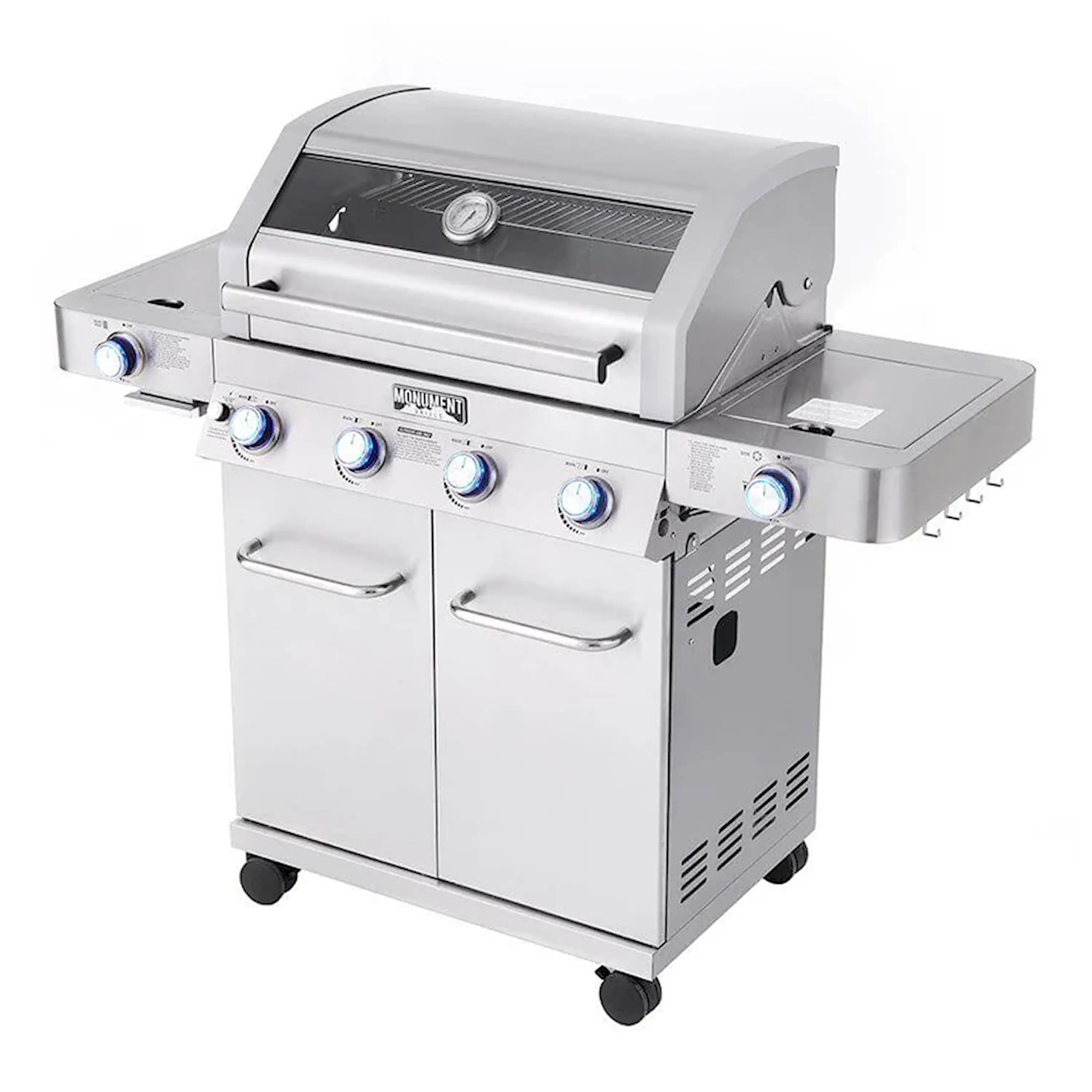 Stainless steel infrared propane gas grill with four burner control panel and side shelf