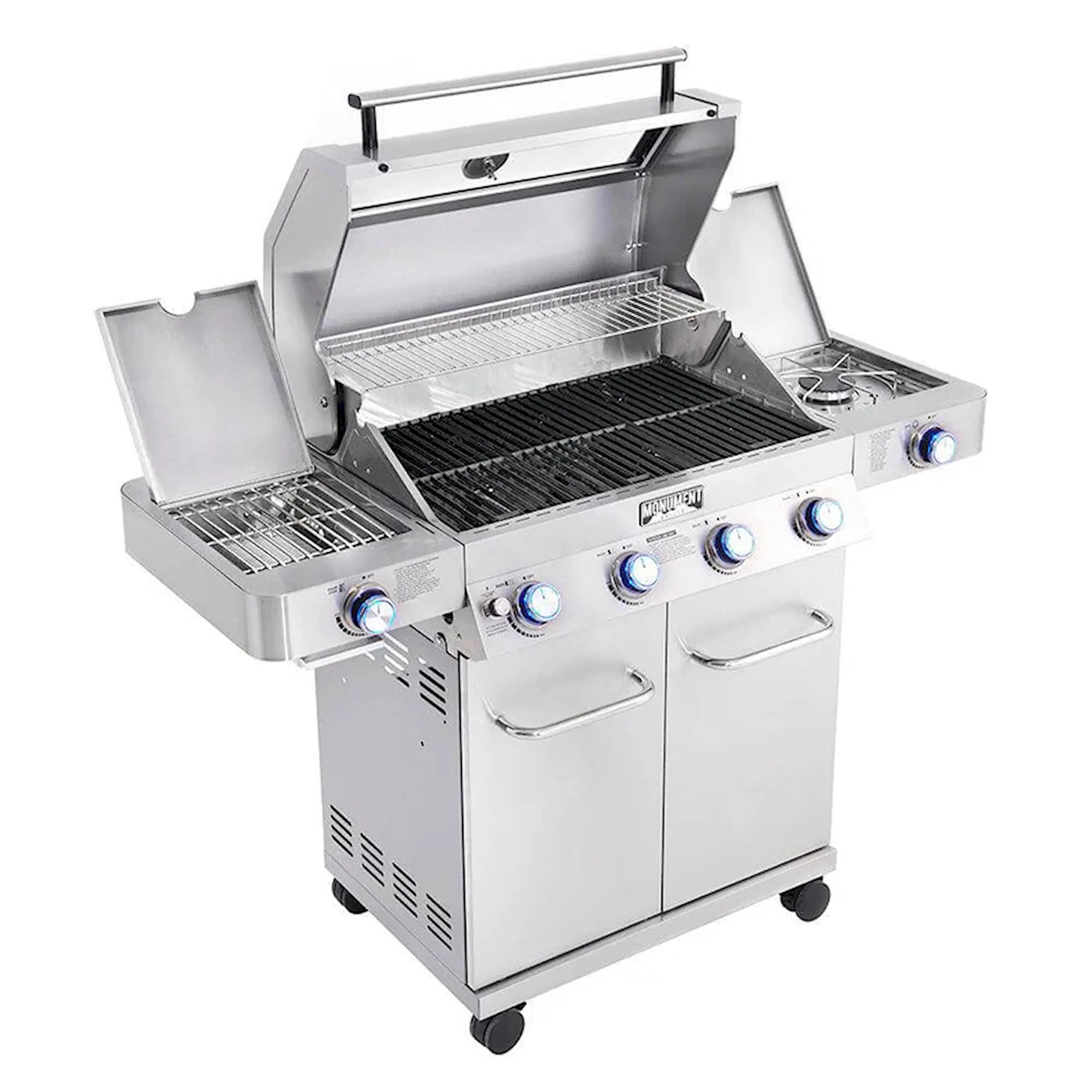 Stainless steel 4-burner propane gas grill with open lid, grates, and control knobs