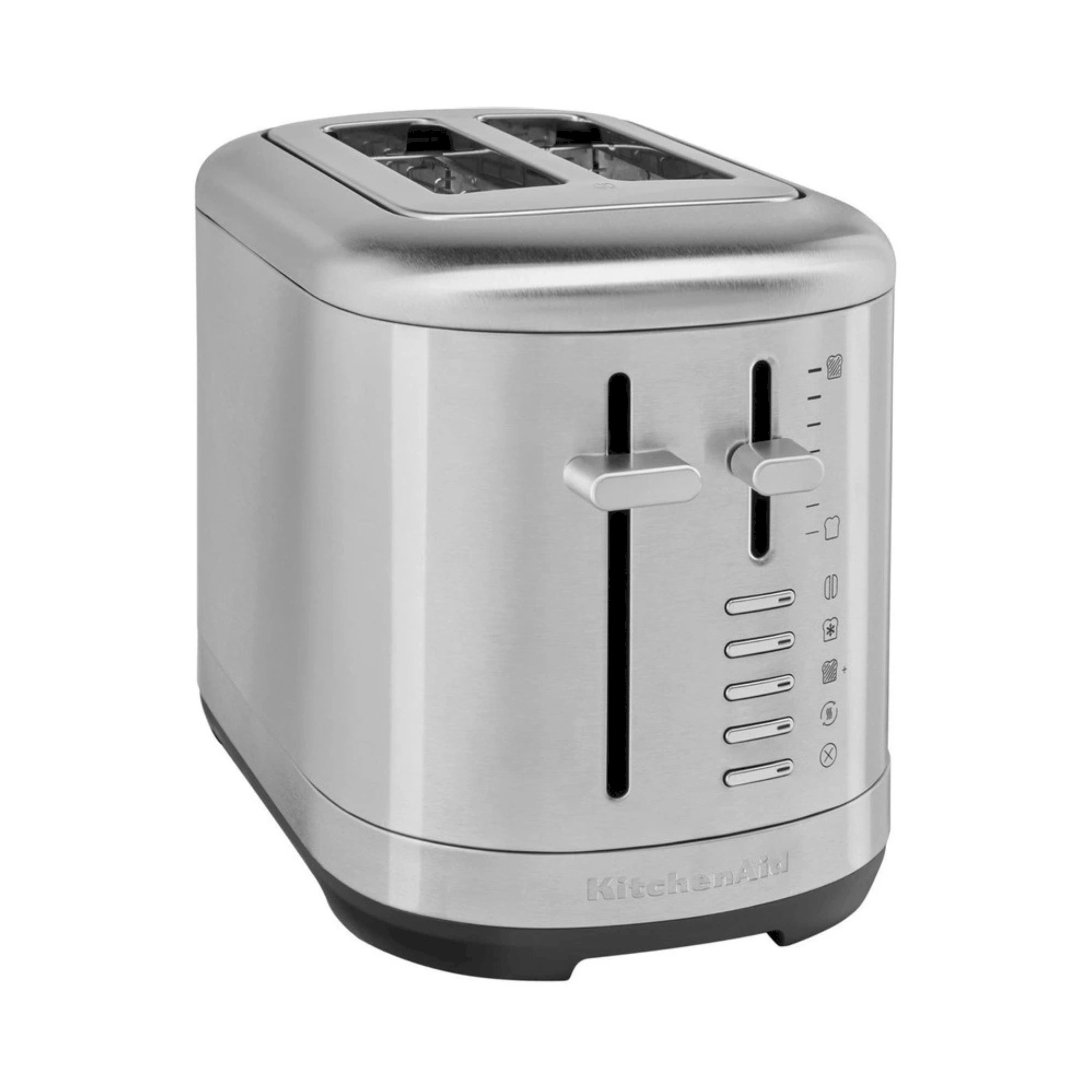 Brushed stainless steel 2-slice toaster with front lever controls and slot openings