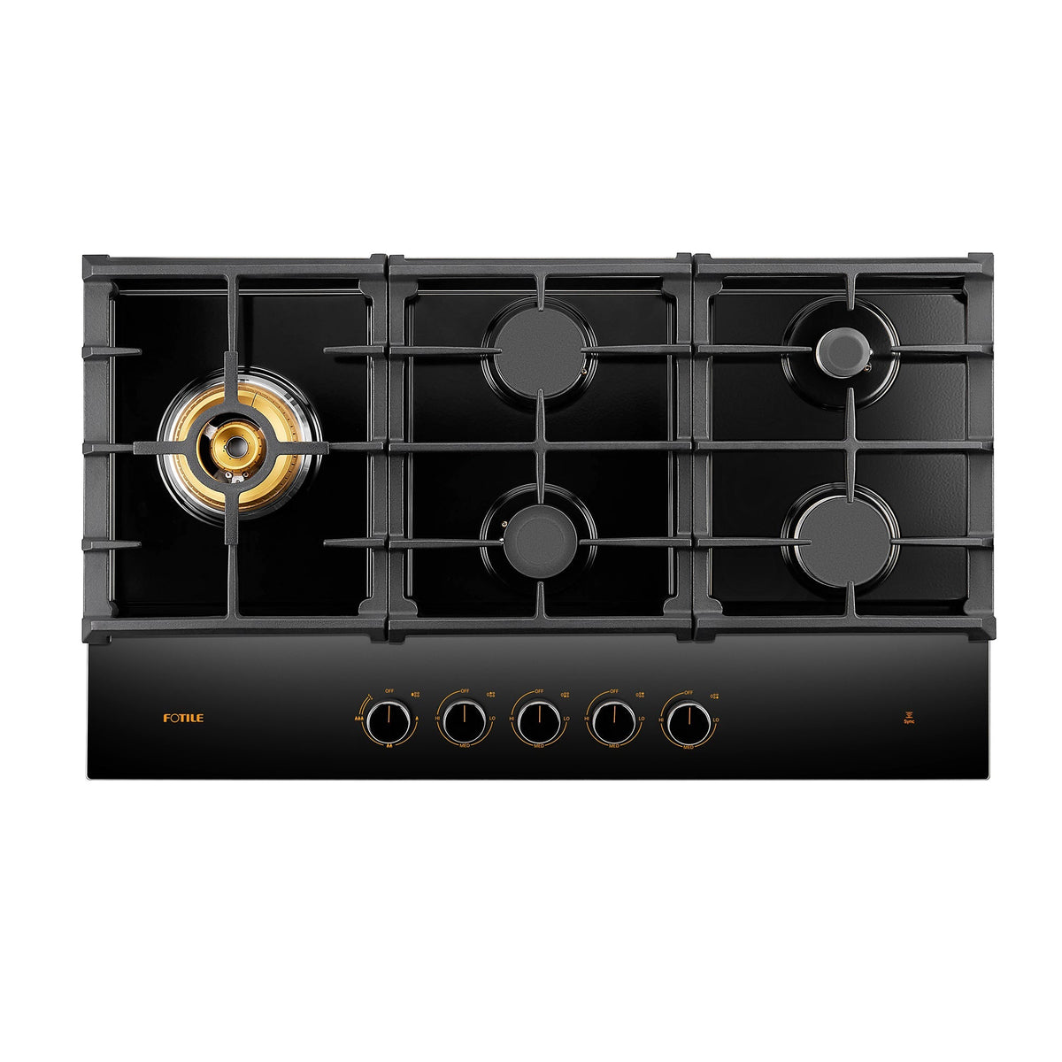 Black glass gas cooktop front view with multiple burners visible and control knobs