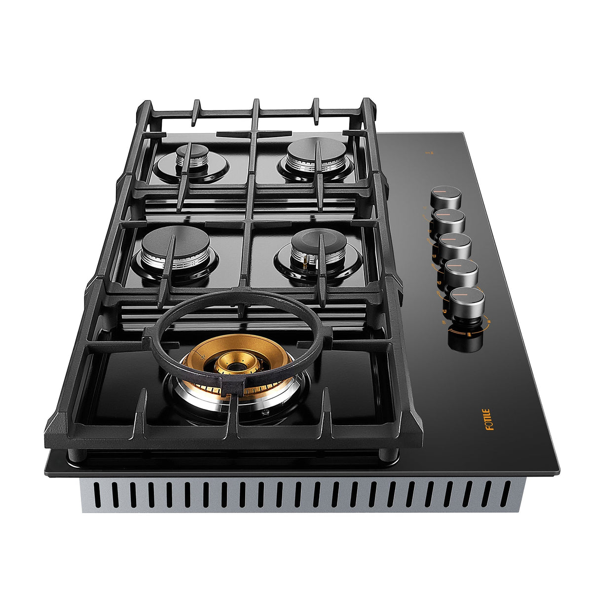 Black glass gas cooktop with tri-ring burner and four grates, control knobs on right
