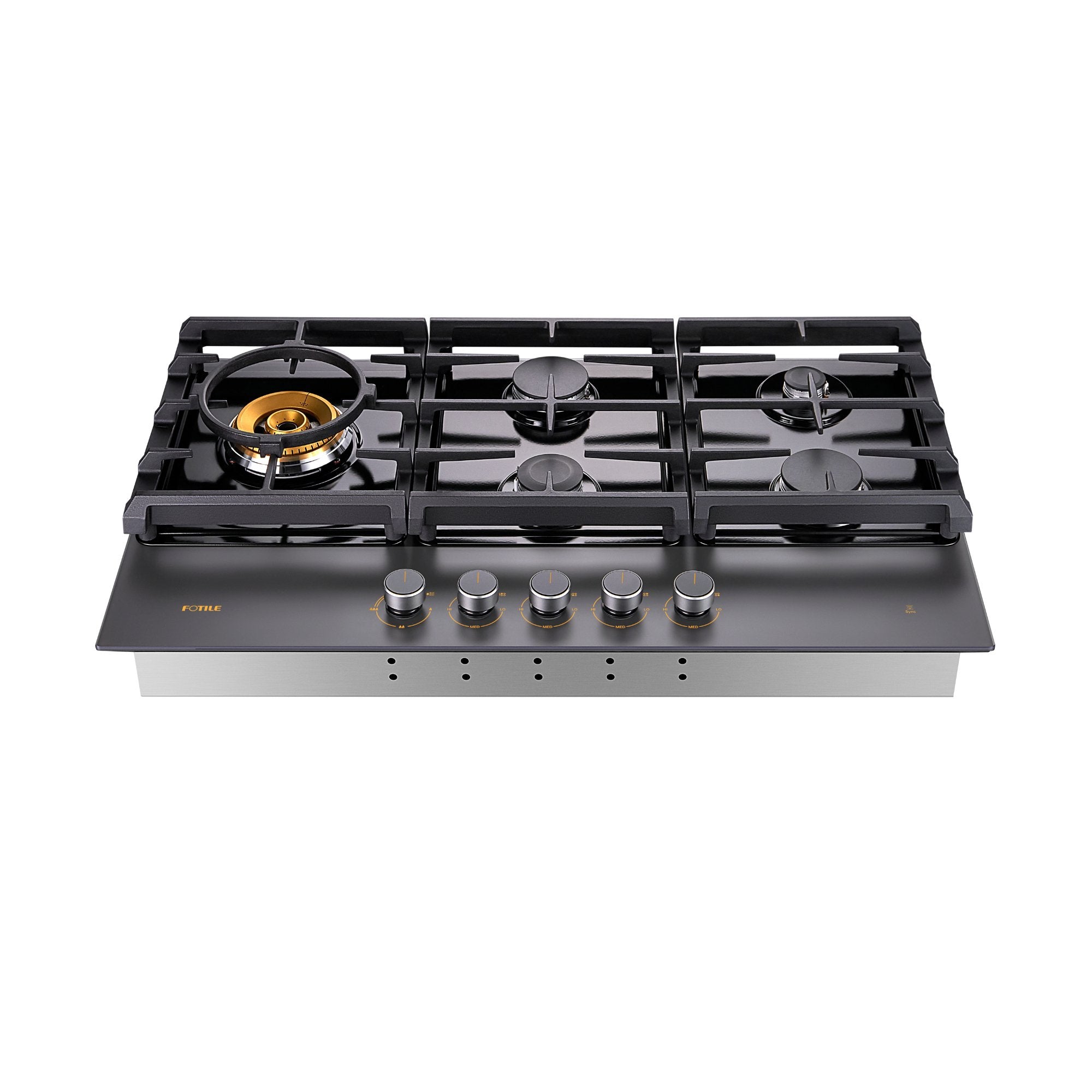 Black glass gas cooktop with five burners on black grates and a row of metal knobs