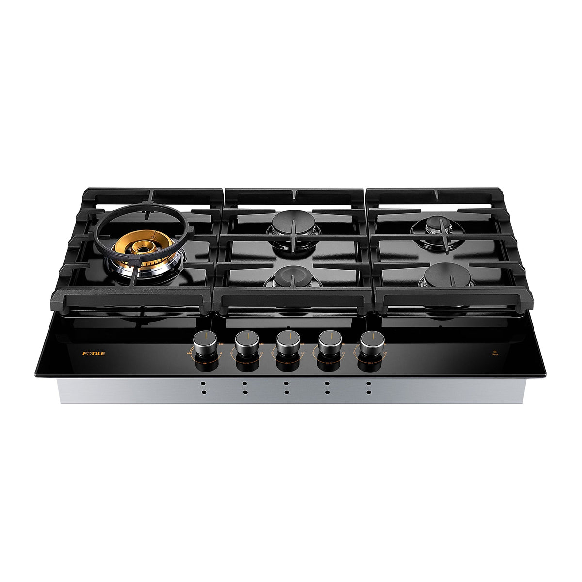 Black glass gas cooktop with five burners, gold center burner ring, and control knobs