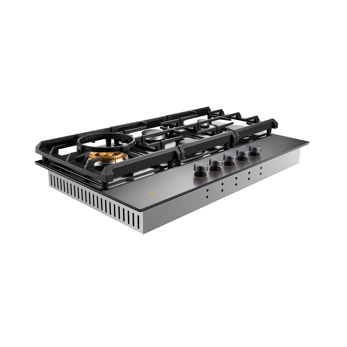 Black glass gas cooktop with grates, burners, and vented base from a side angle