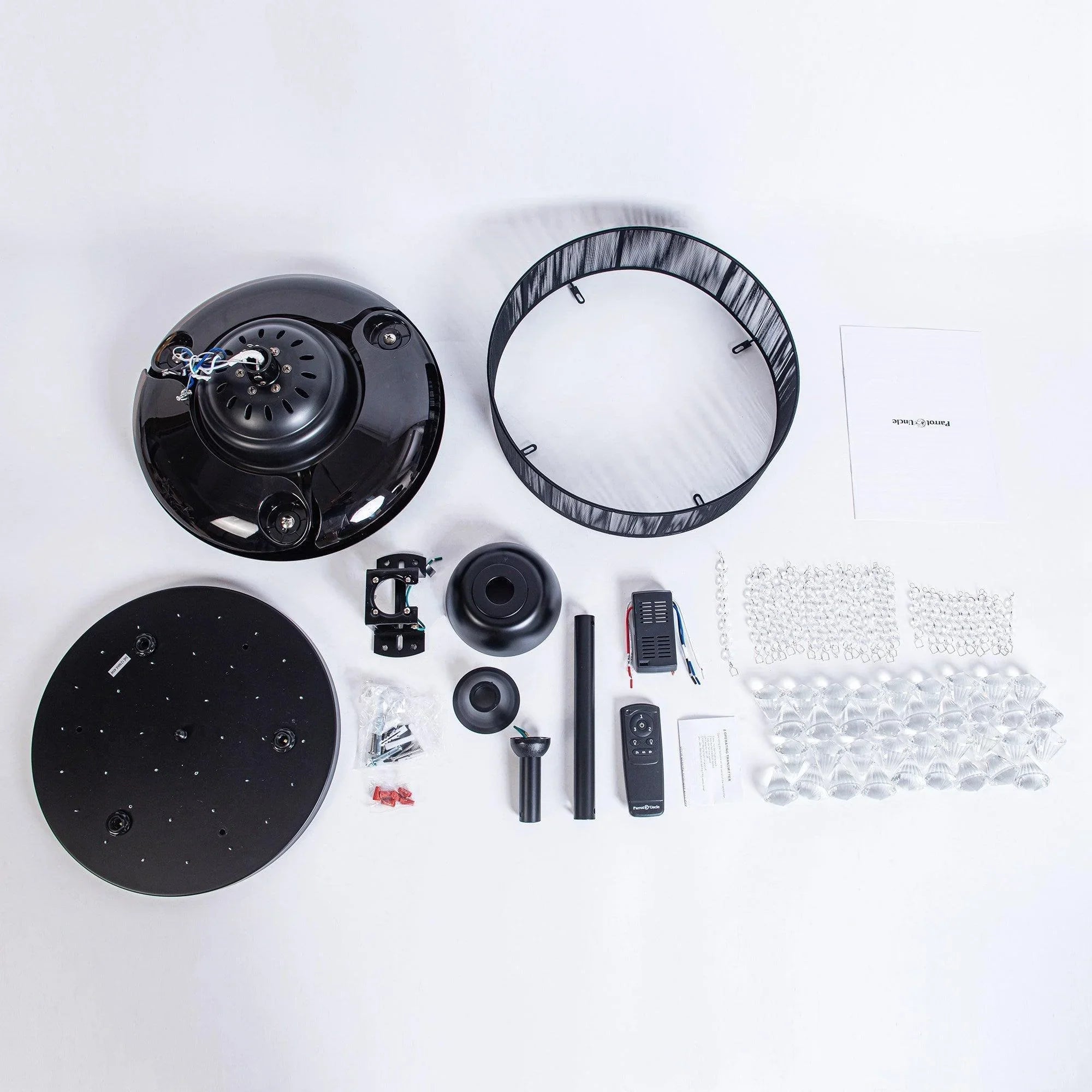 Ceiling fan parts kit with mounting hardware, remote, and fan blades (unassembled)