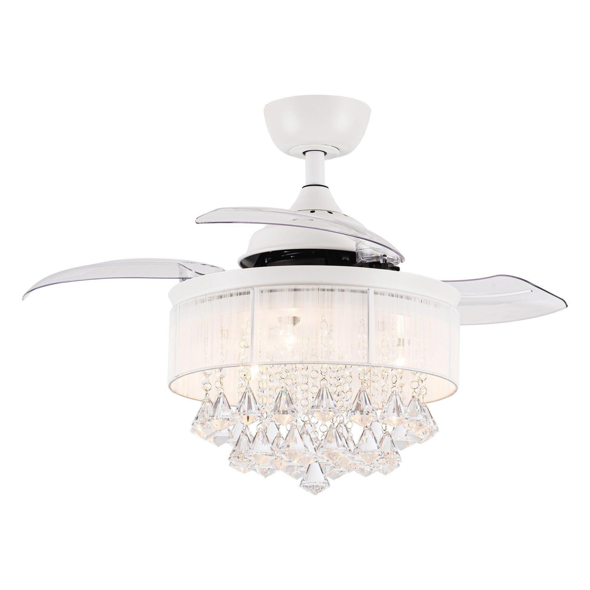 White ceiling fan light with crystal chandelier shade and four clear blades