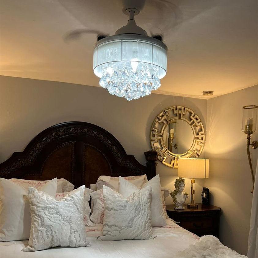 Ceiling fan light with crystal chandelier shade in a living room setting