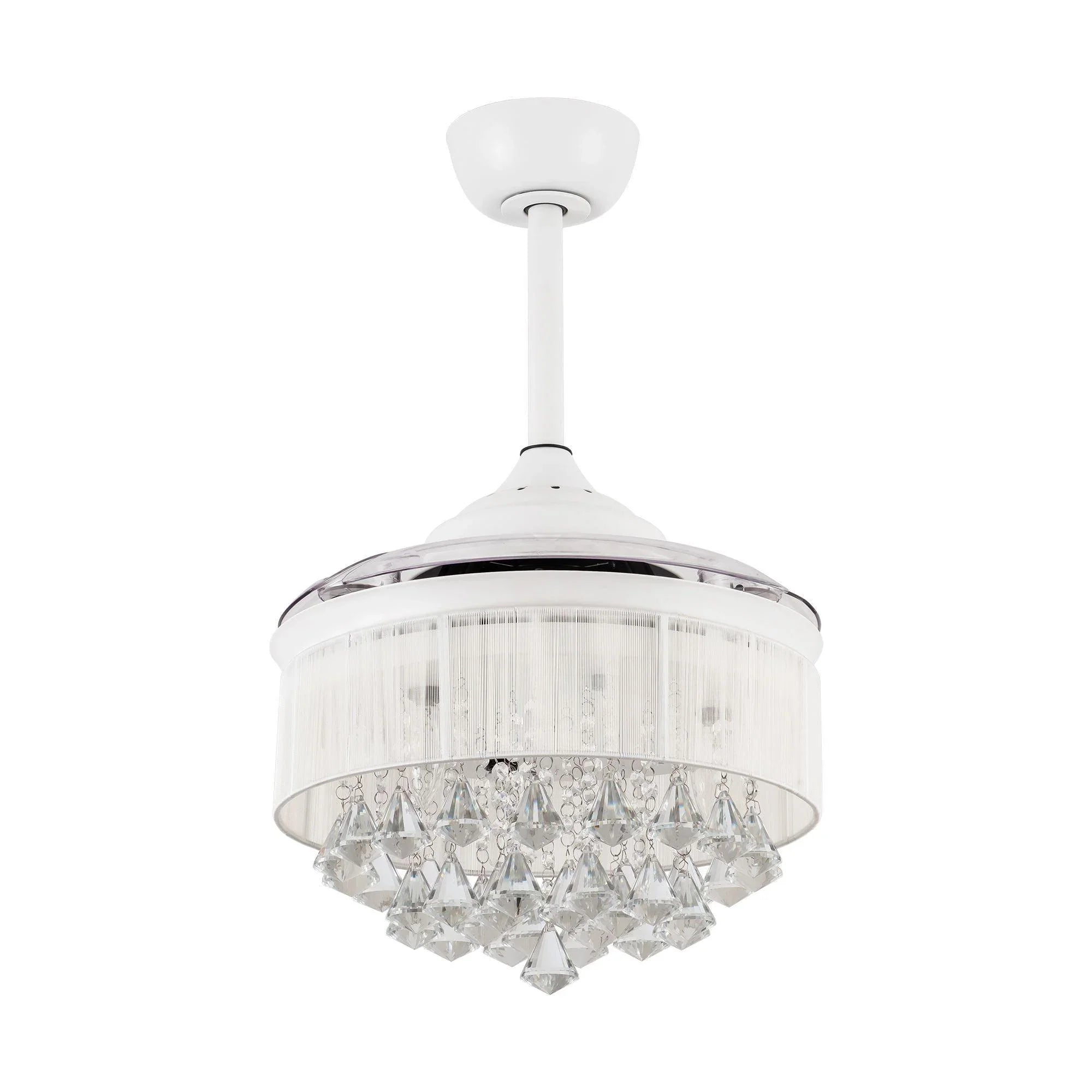 White ceiling fan light with clear crystal chandelier shade and three curved blades