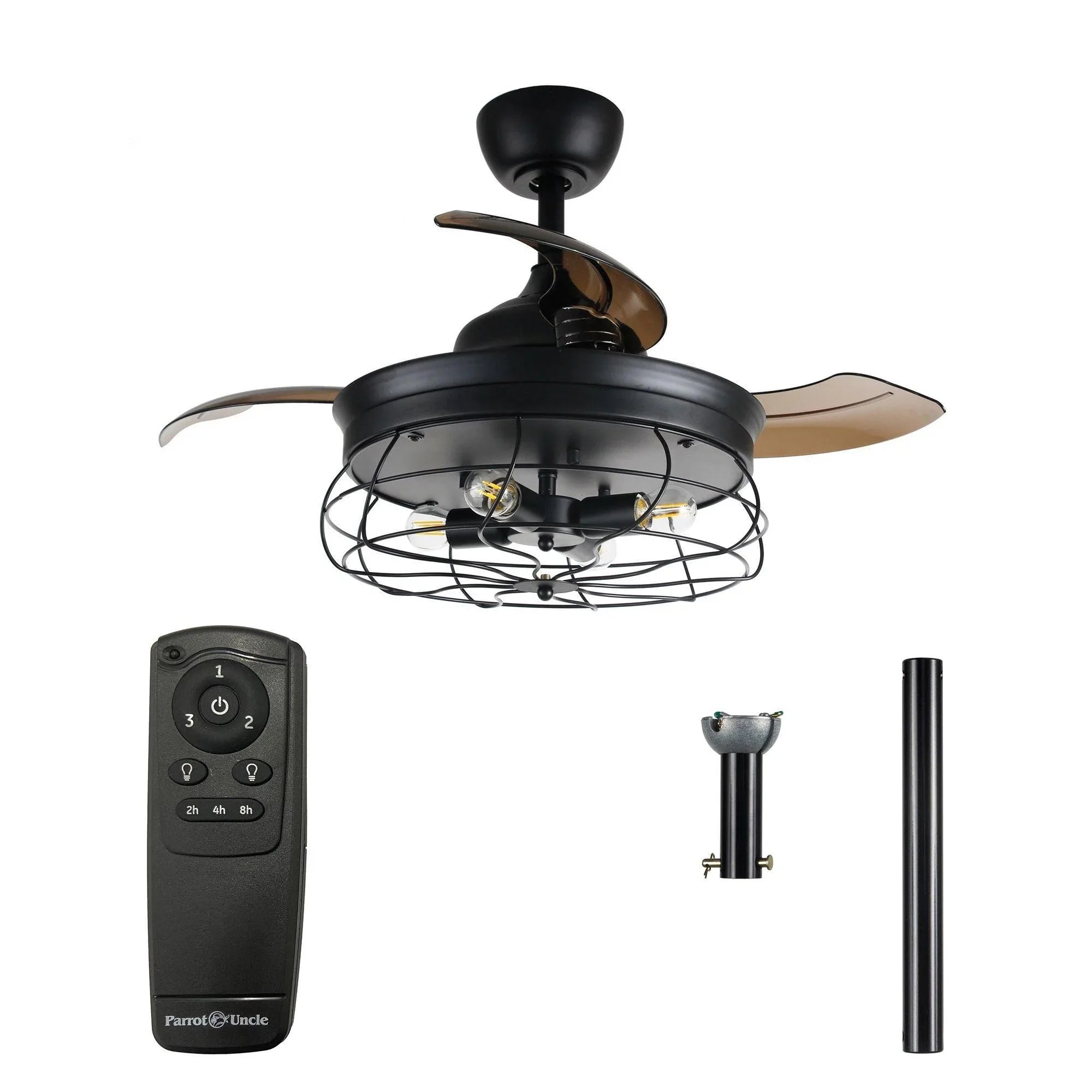 Black ceiling fan with cage light, remote control, and downrod parts included