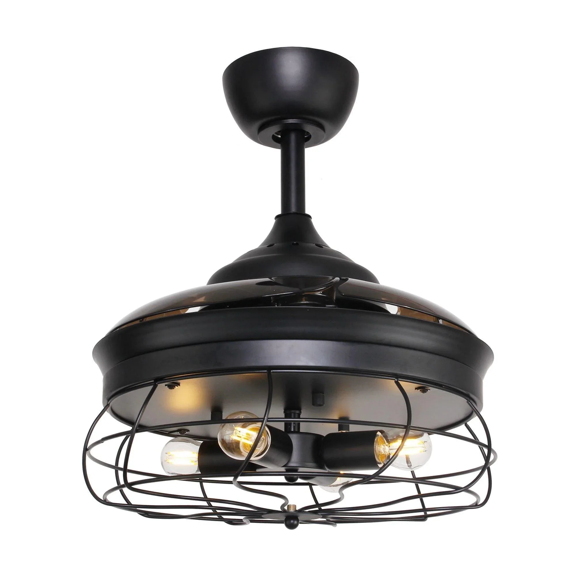 Black ceiling fan with cage light and warm bulbs, retractable blades