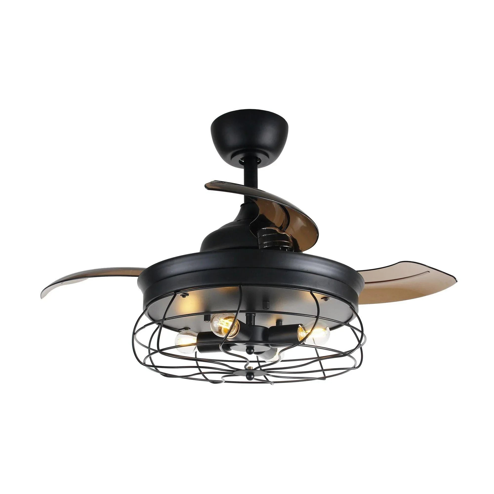 Black ceiling fan with cage light fixture, retractable blades, and downrod mount