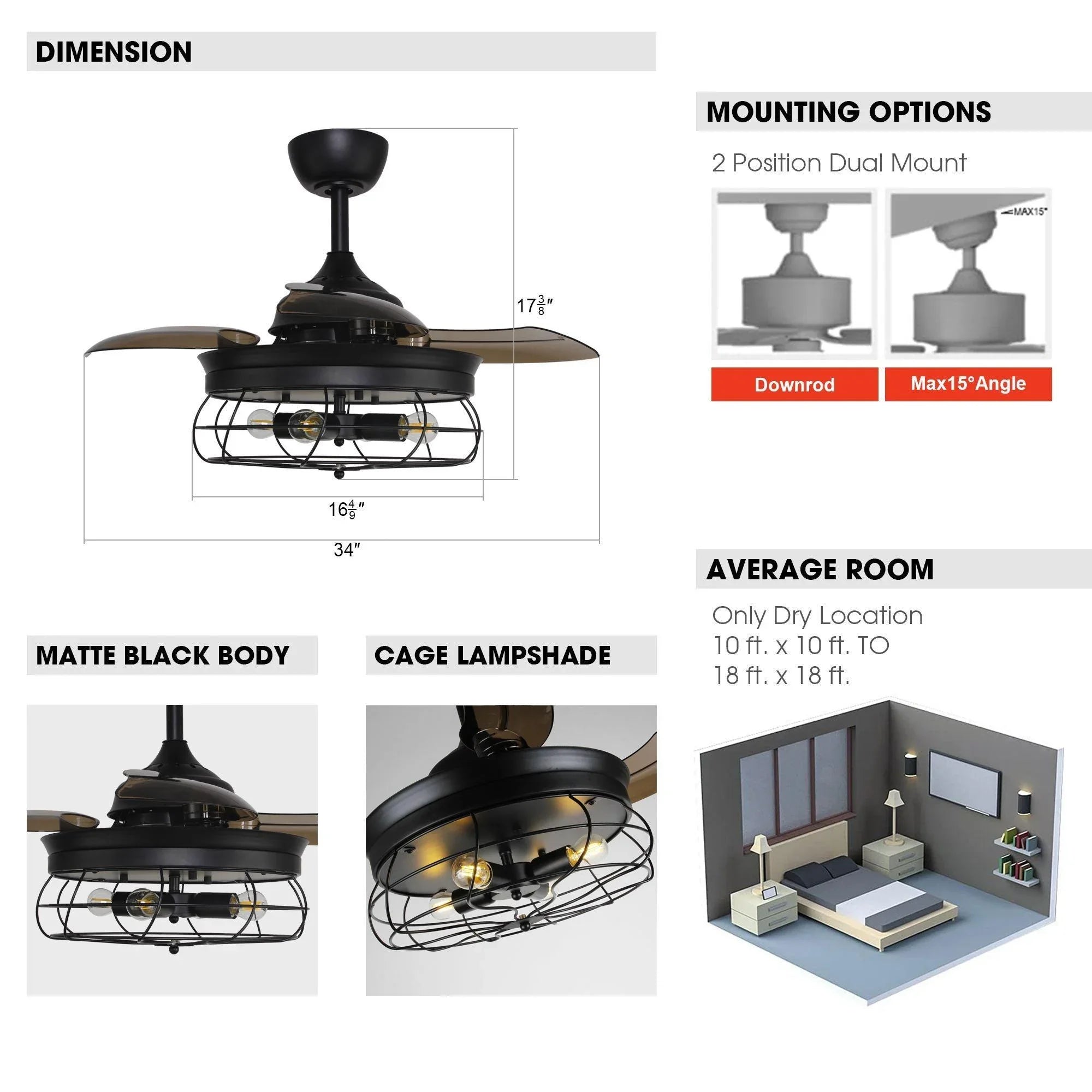 Black ceiling fan sizing and mounting options diagram with cage light