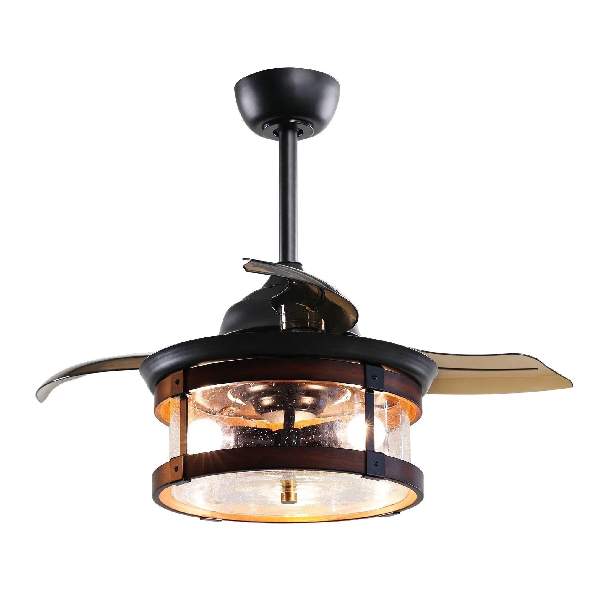 Black ceiling fan with glass light fixture and industrial downrod mount.