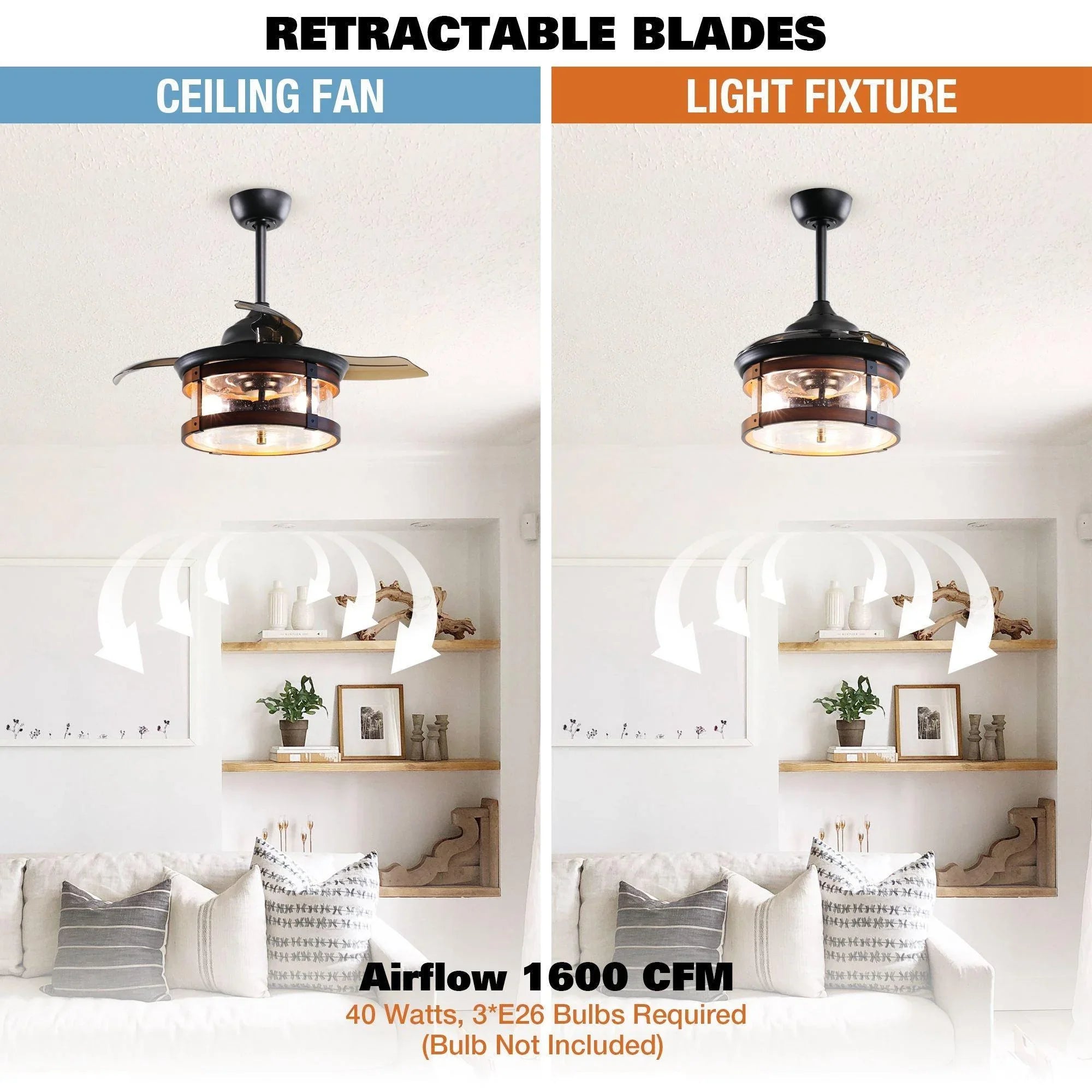 Ceiling fan showing retractable blades and illuminated light fixture design.