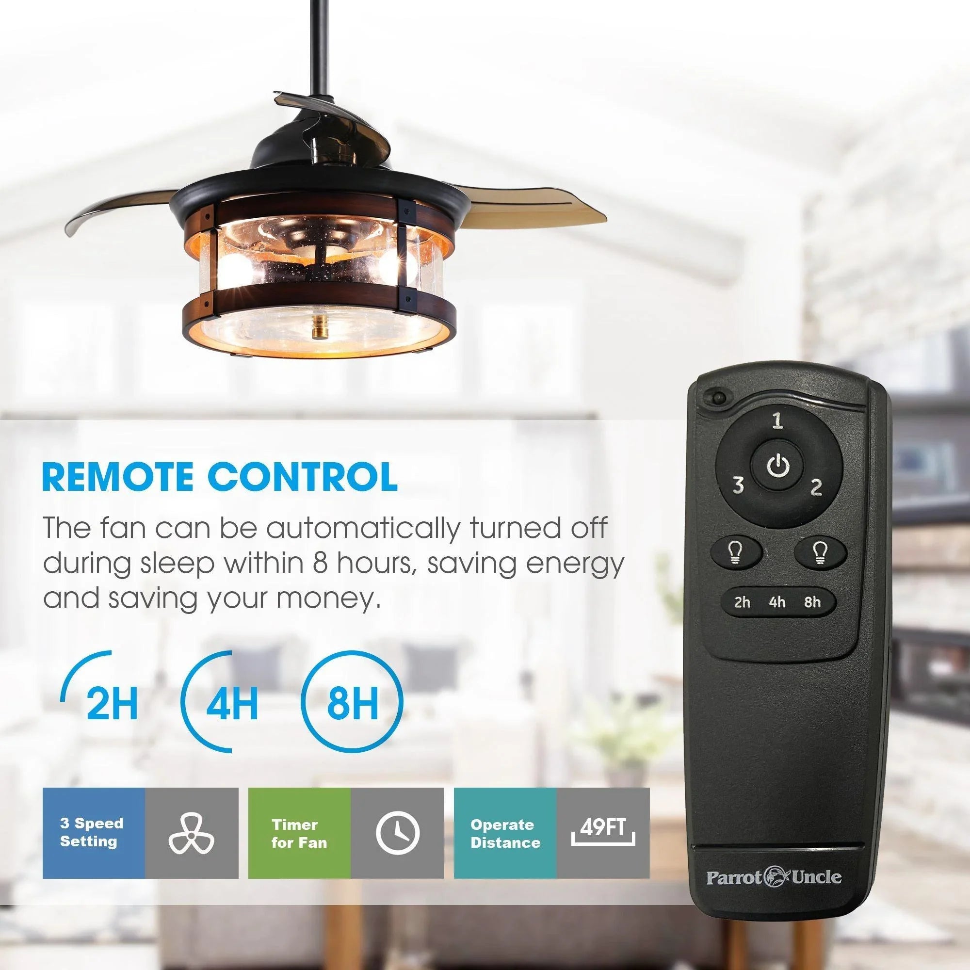 Ceiling fan with black housing, lit glass light, and handheld remote control.