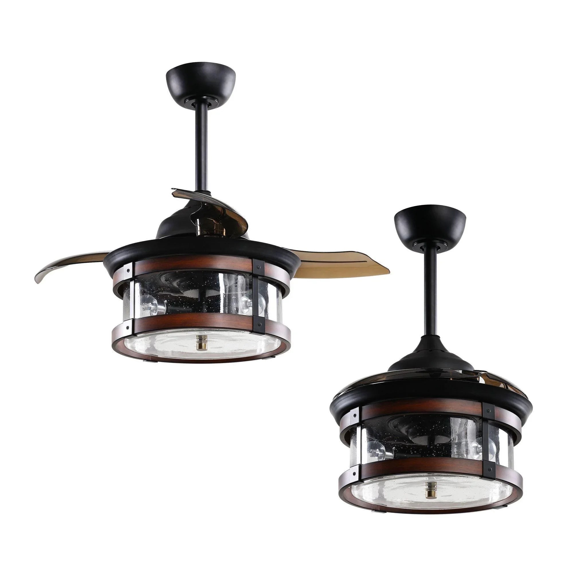 Ceiling fan with matte black housing, wood ring, and clear glass light panels.