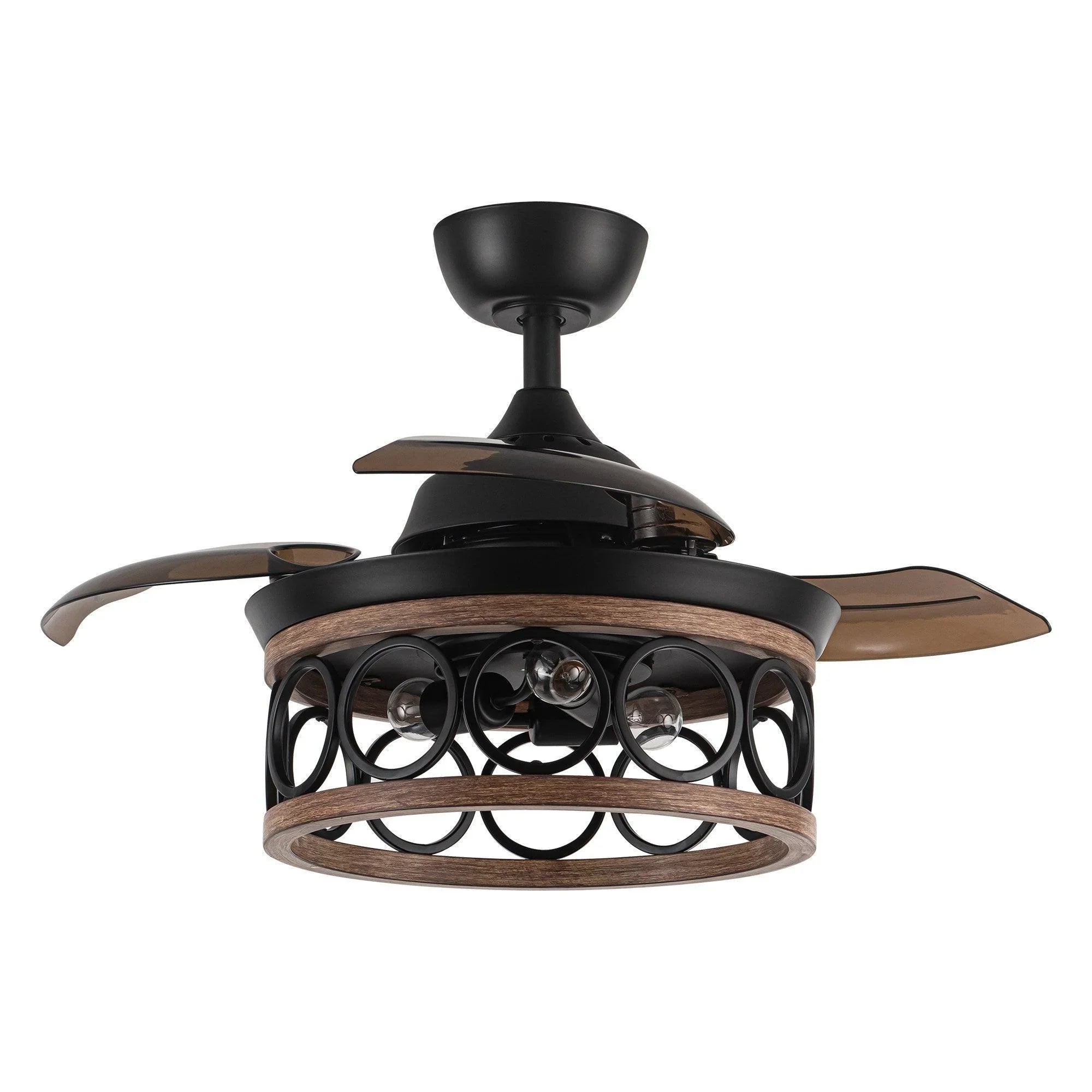 Black ceiling fan with caged light ring and wood-toned blades, close-up view