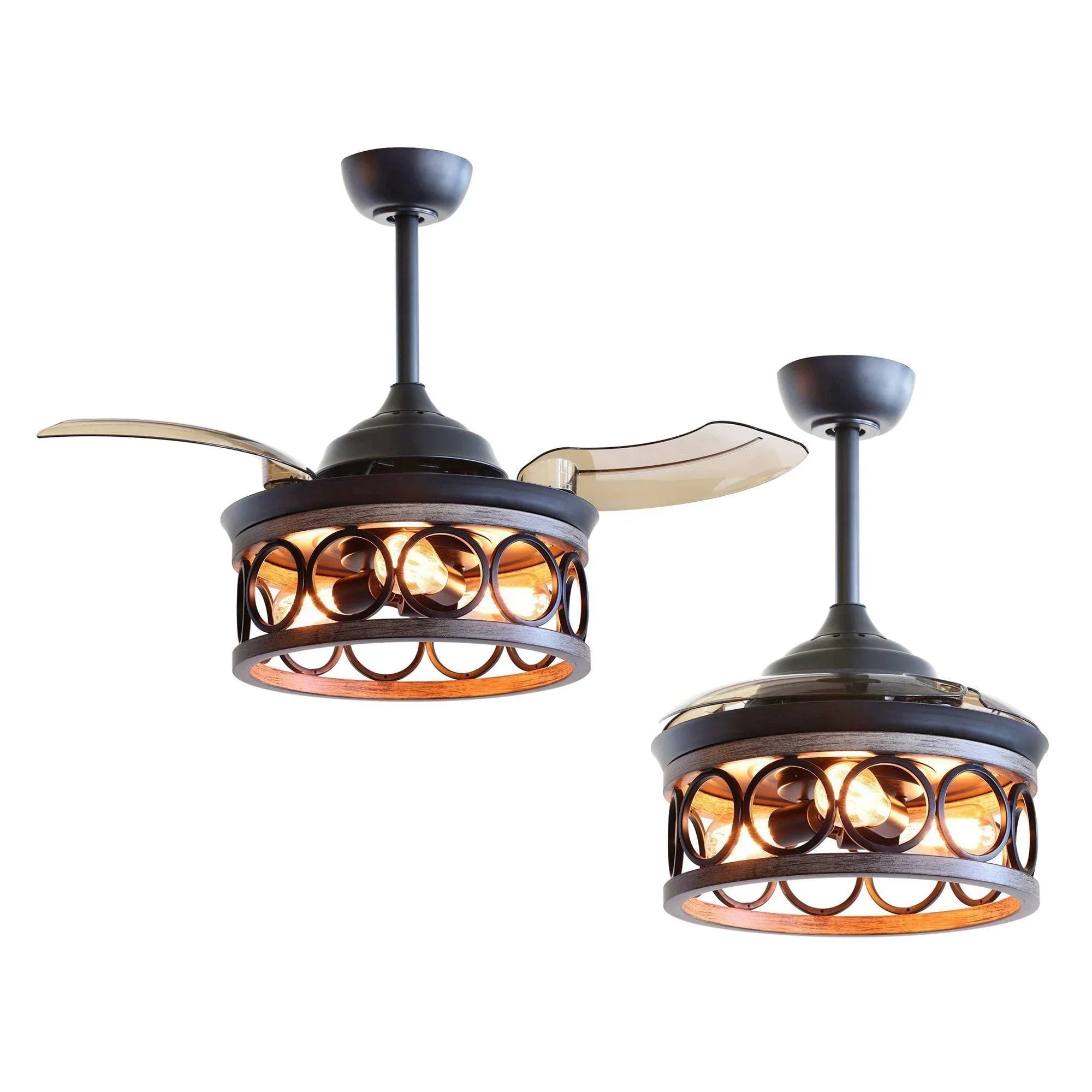 Black ceiling fan with caged light and wood-toned blades, two angled views