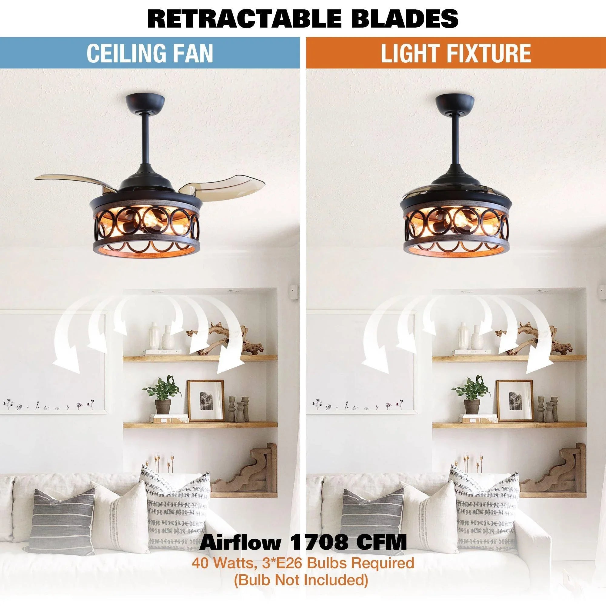 Black ceiling fan with caged light fixture and wood-toned retractable blades