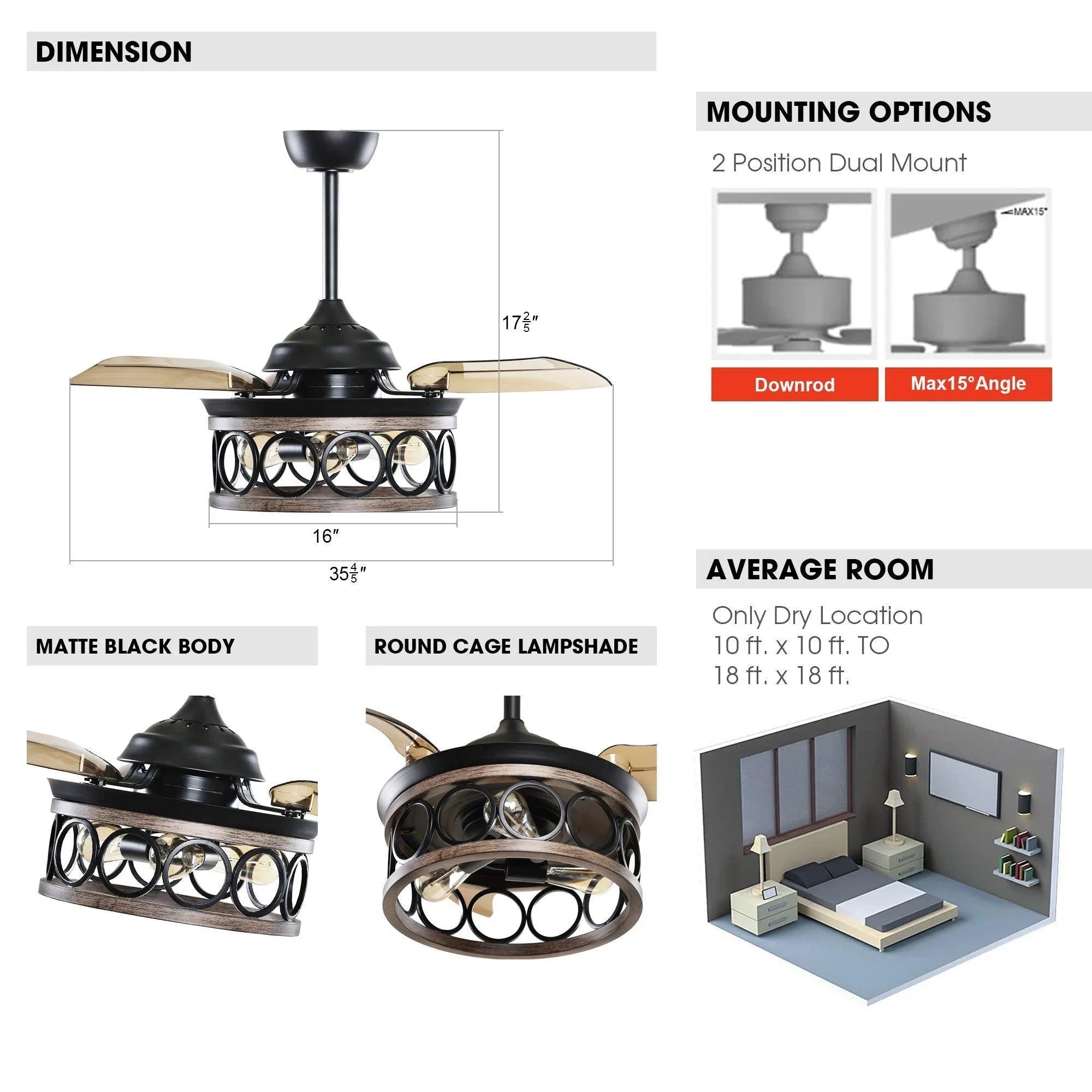 Black ceiling fan with caged farmhouse light and retractable blades