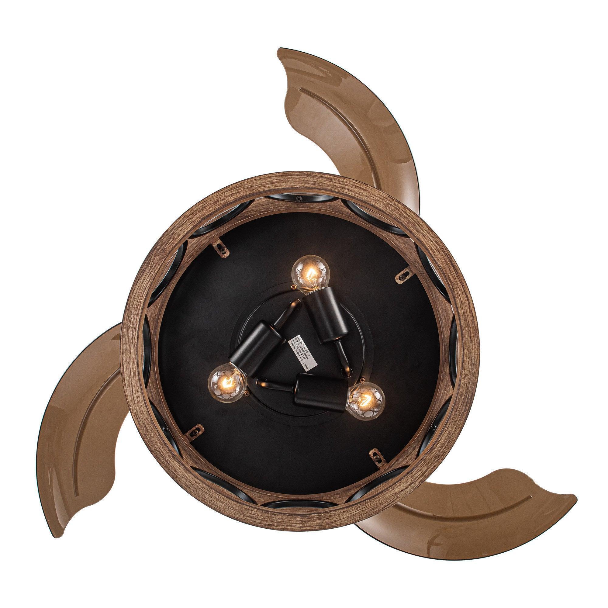Black ceiling fan with lit bulb light kit and curved wood-tone blades