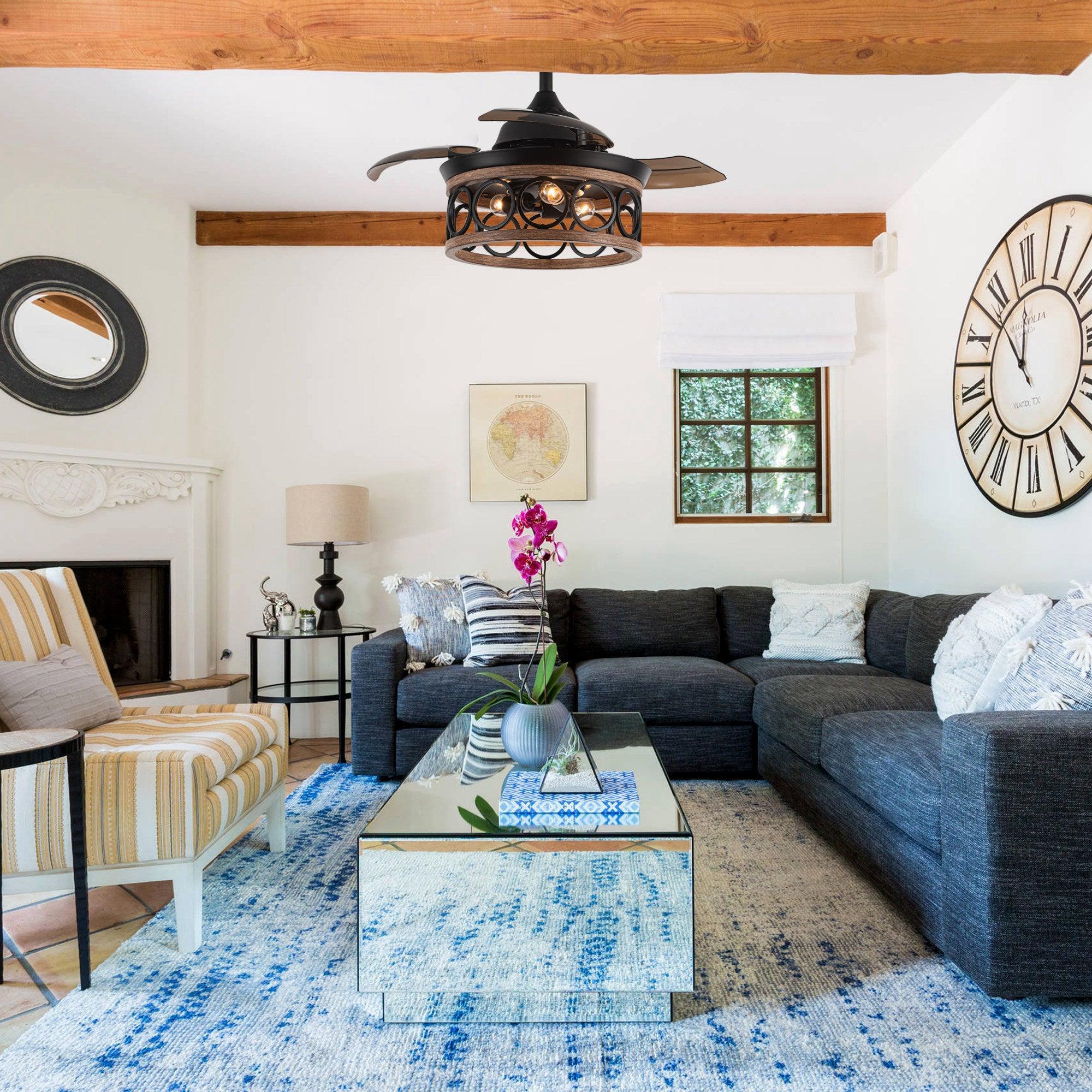 Black ceiling fan with caged light and wood-toned blades with warm lighting