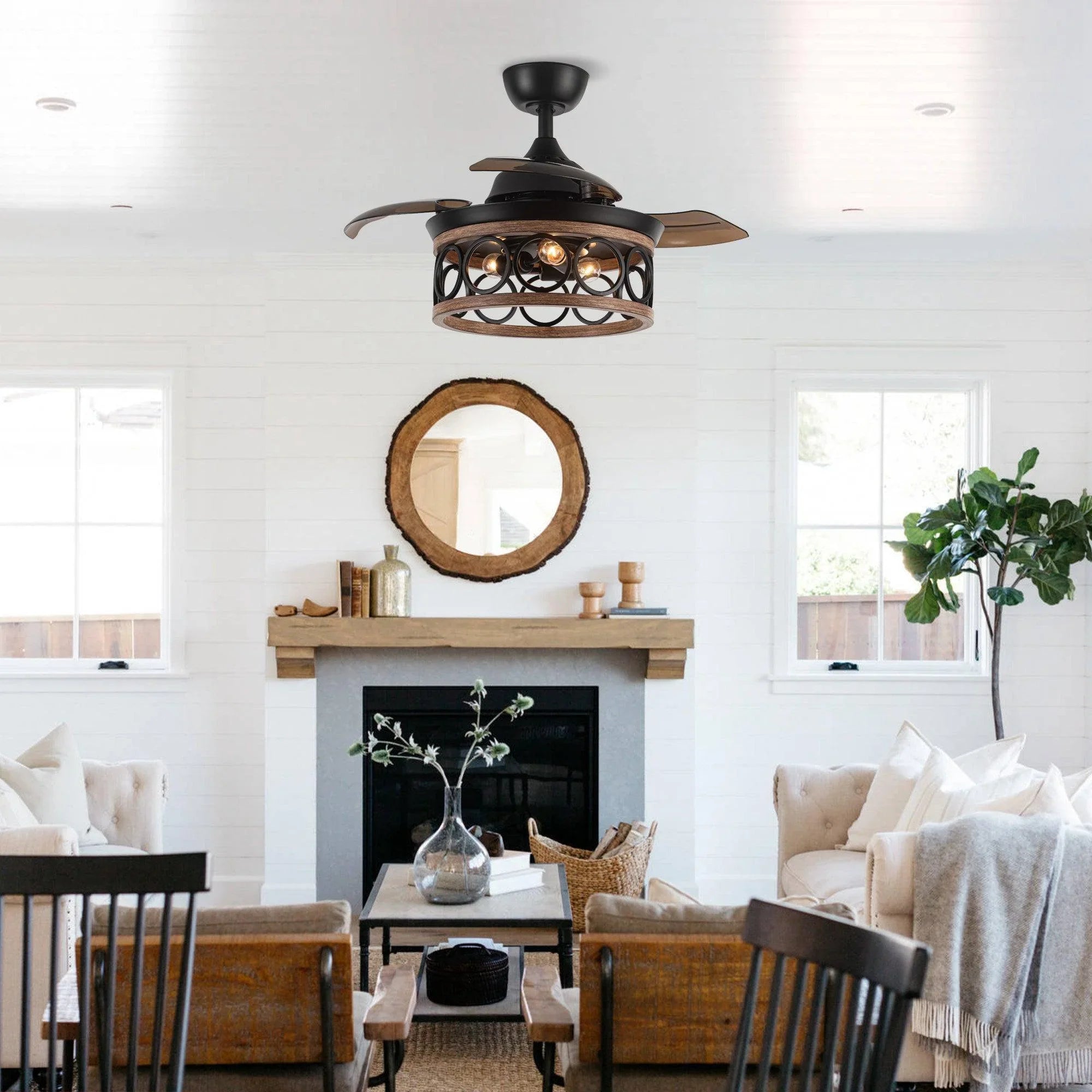 Black ceiling fan with warm-glow caged light and wood-toned blades