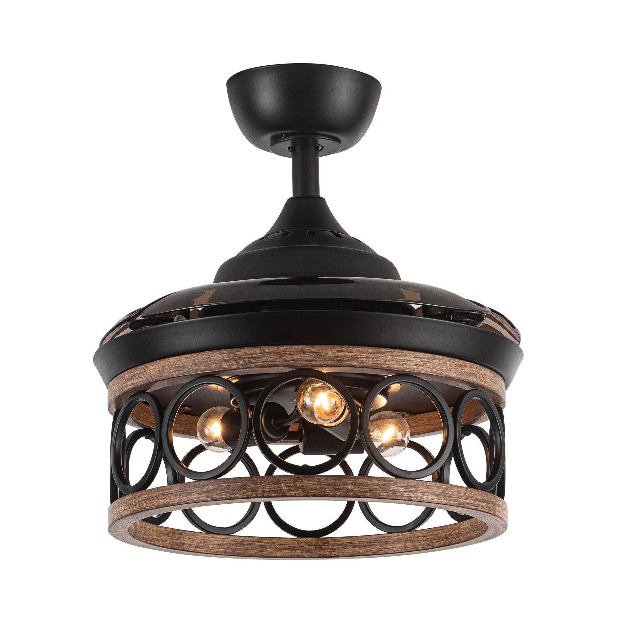 Black ceiling fan with circular caged light ring and glowing bulbs, close-up