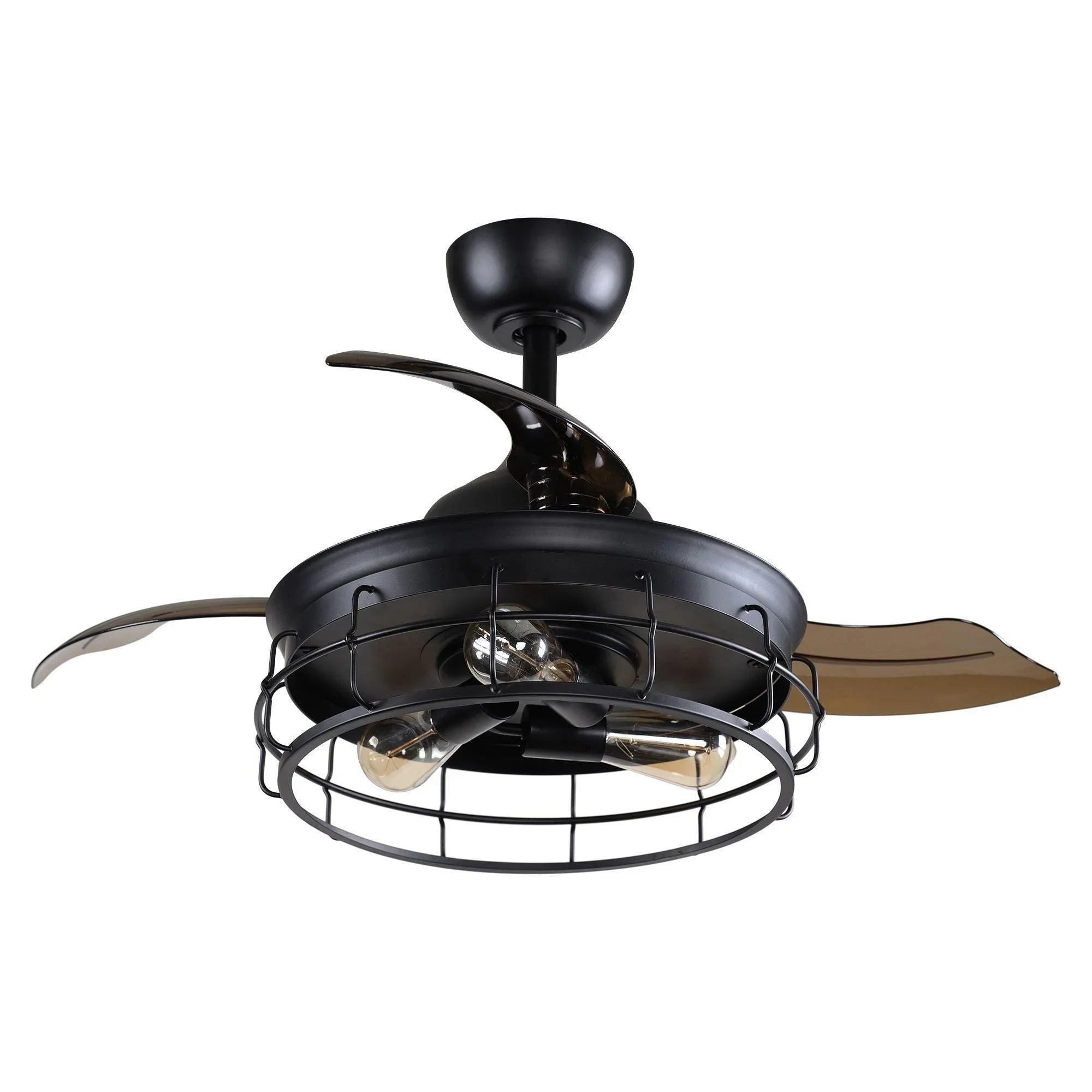 Black industrial ceiling fan with light fixture and three bronze-tinted blades