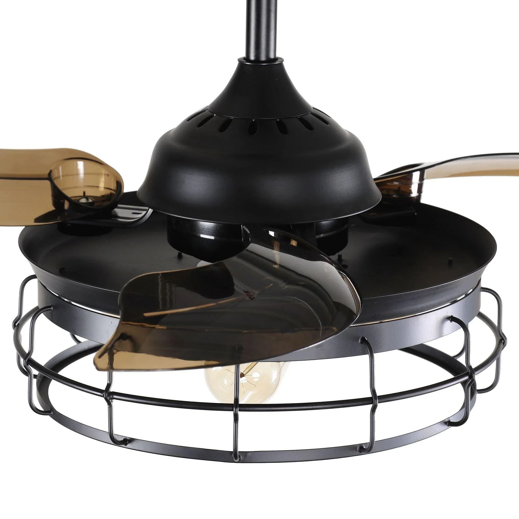 Black ceiling fan with wire cage light and three bronze-tinted blades