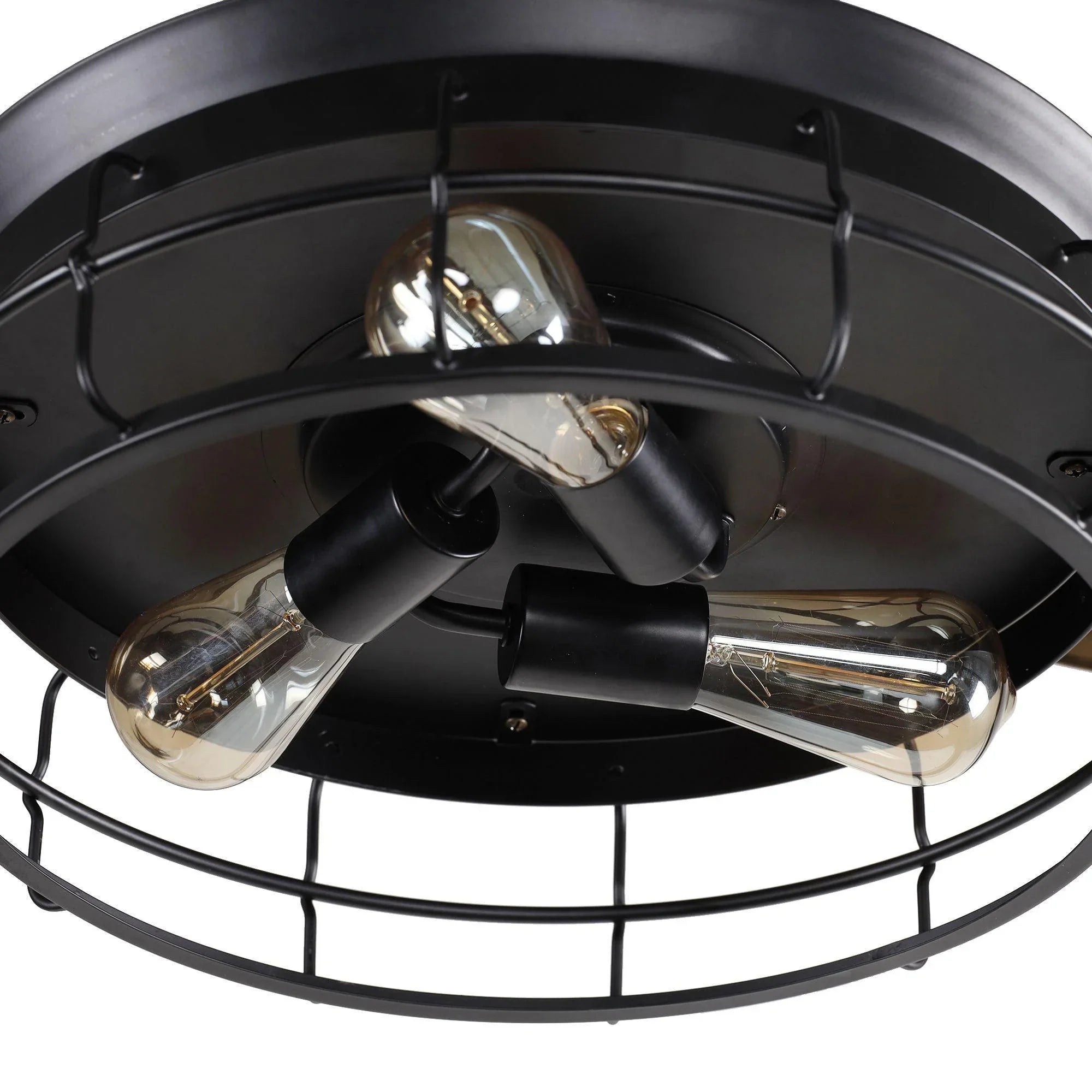 Black ceiling fan lamp housing with three glass bulbs in metal cage