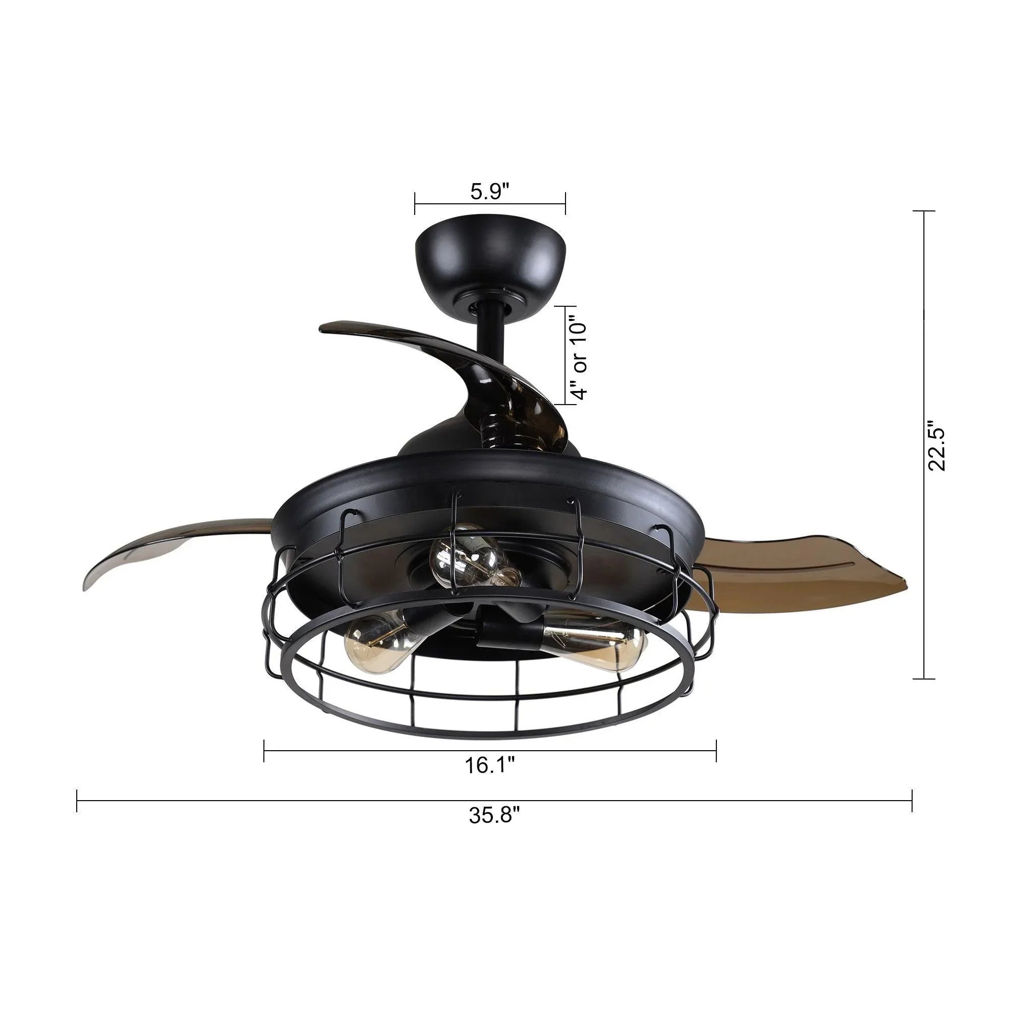 Black ceiling fan with bronze blades and downrod mount with size measurements