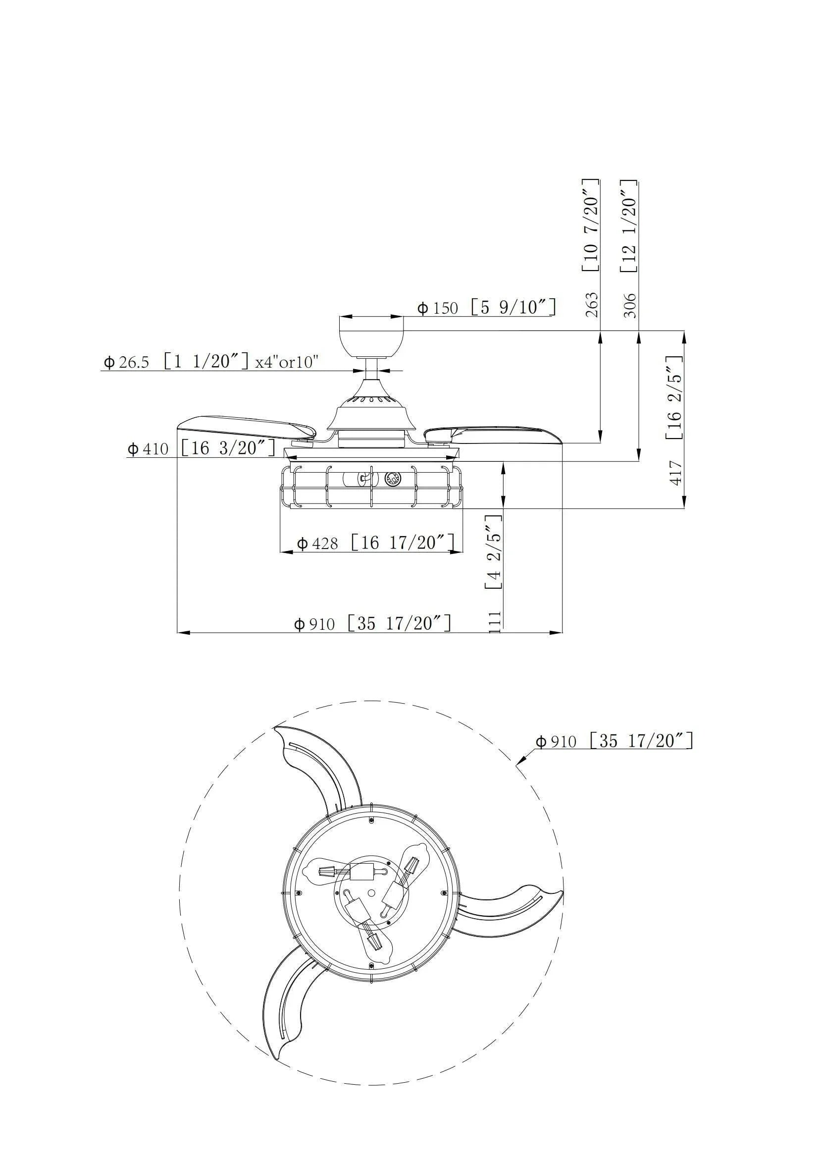 Ceiling fan line-drawing dimension diagram showing black motor housing and blades