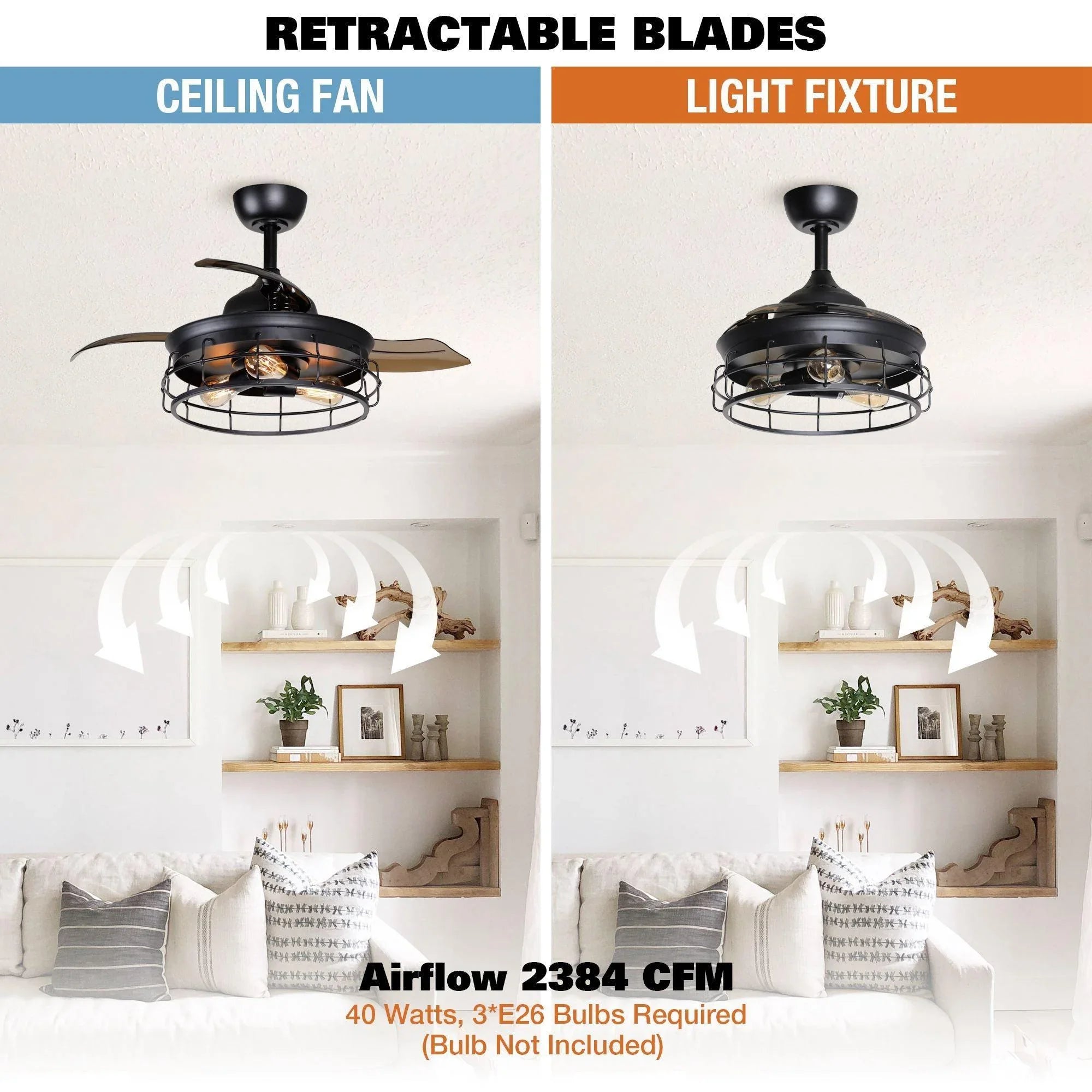 Black retractable-blade ceiling fan with wire cage light and amber bulbs