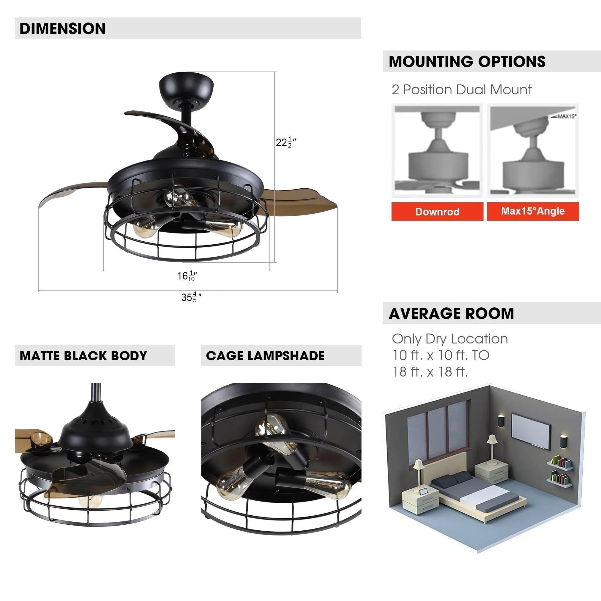 Black ceiling fan with wire cage light and bronze blades, mounting shown
