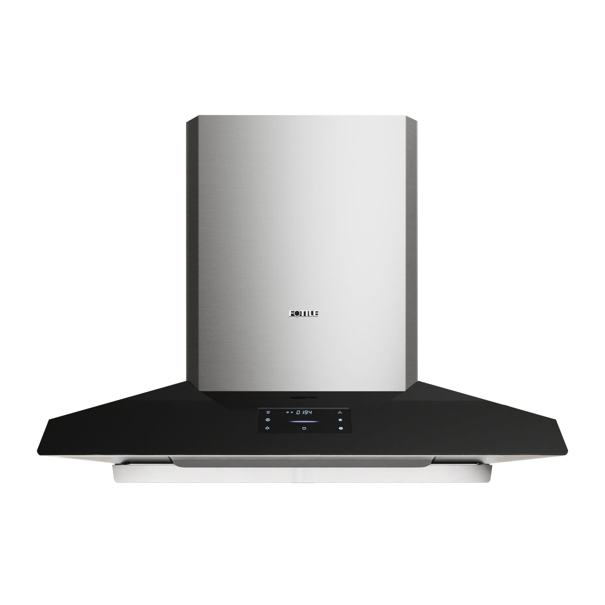 Fotile 36-inch wall-mount range hood, brushed stainless and black chimney, controls panel