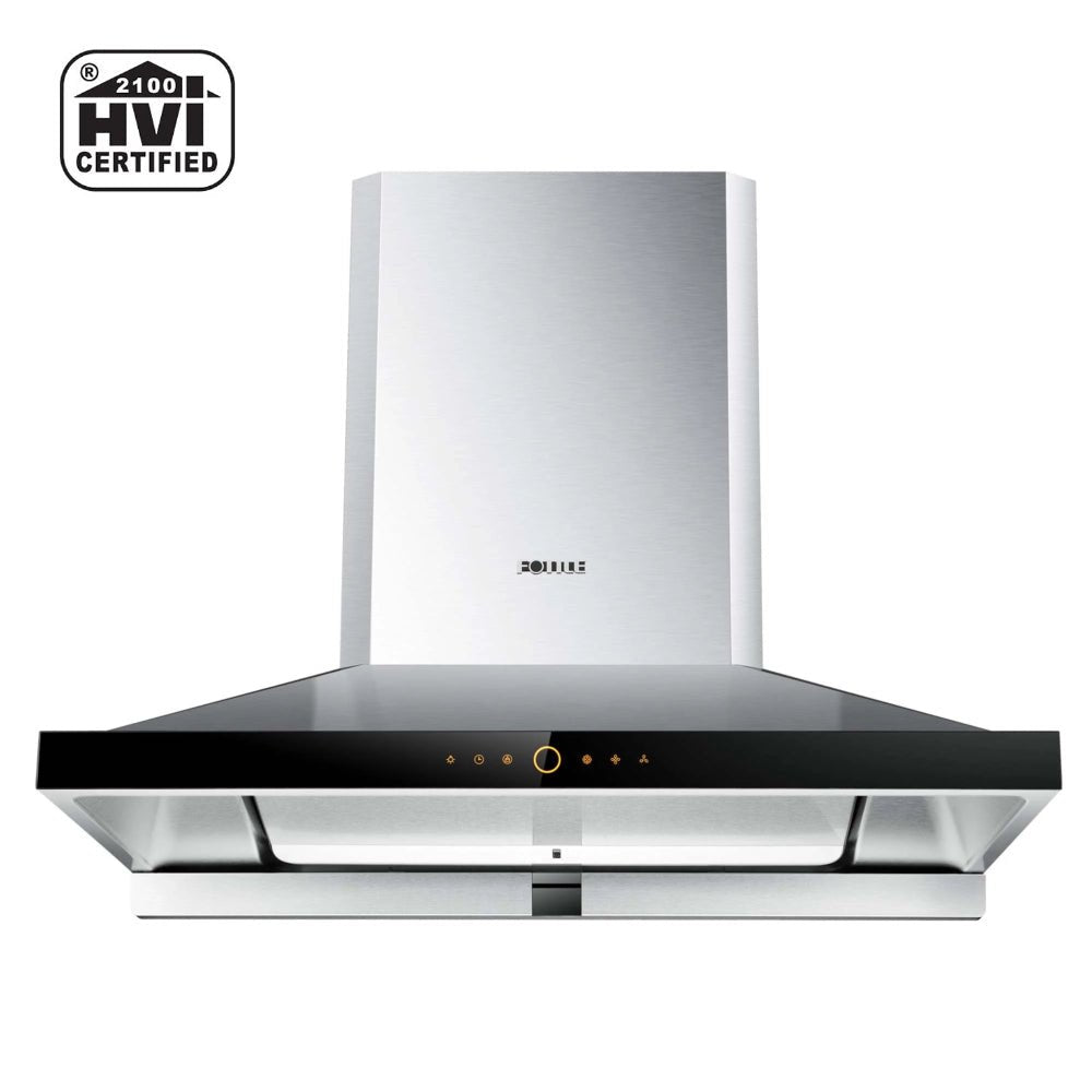 Stainless steel wall-mount range hood with black glass panel and HVI-certified badge
