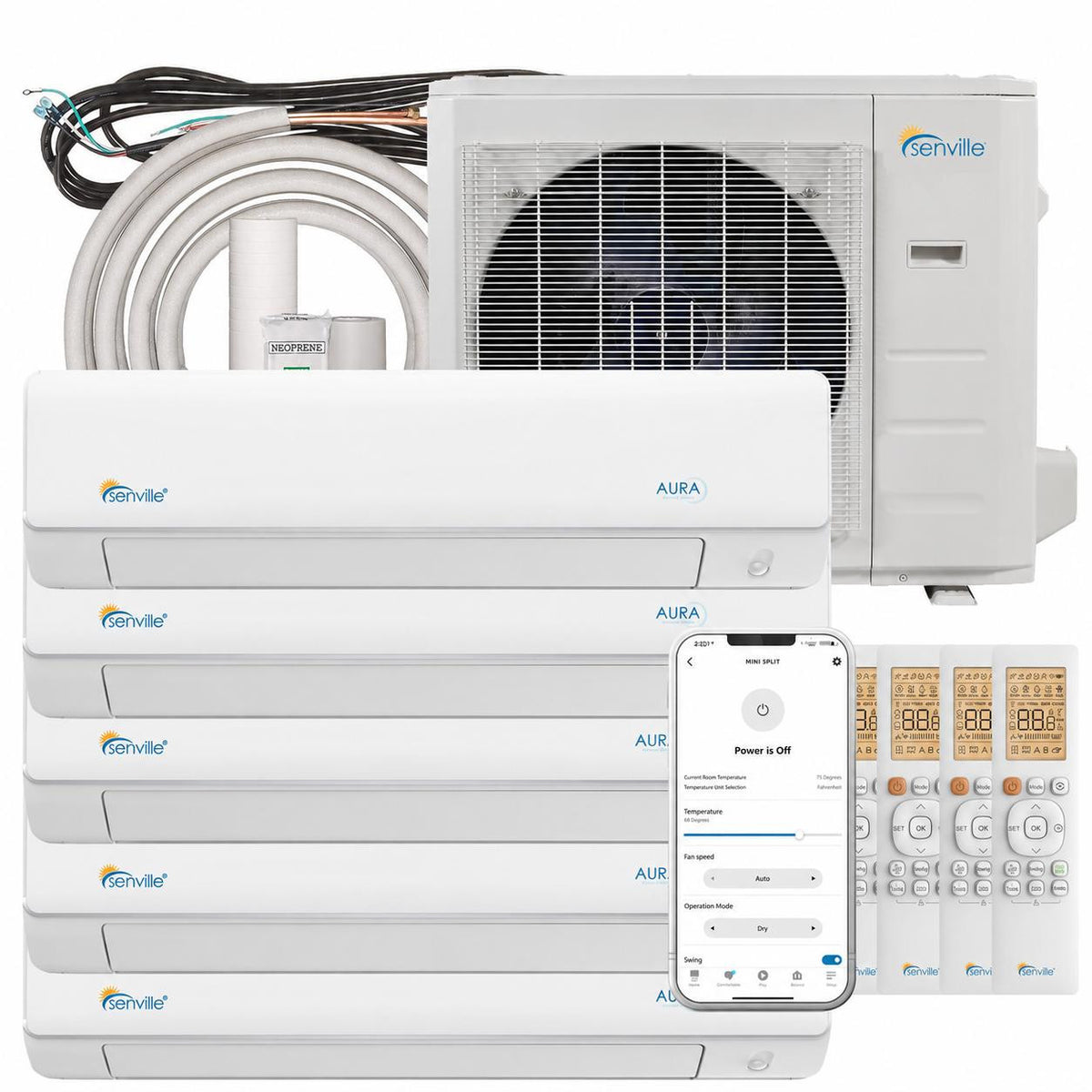 Senville Mini Split - 5-Zone 36,000 BTU Ductless Air Conditioner and Heat Pump Condenser with Wall Mount Air Handlers (SENA-36HF-F)