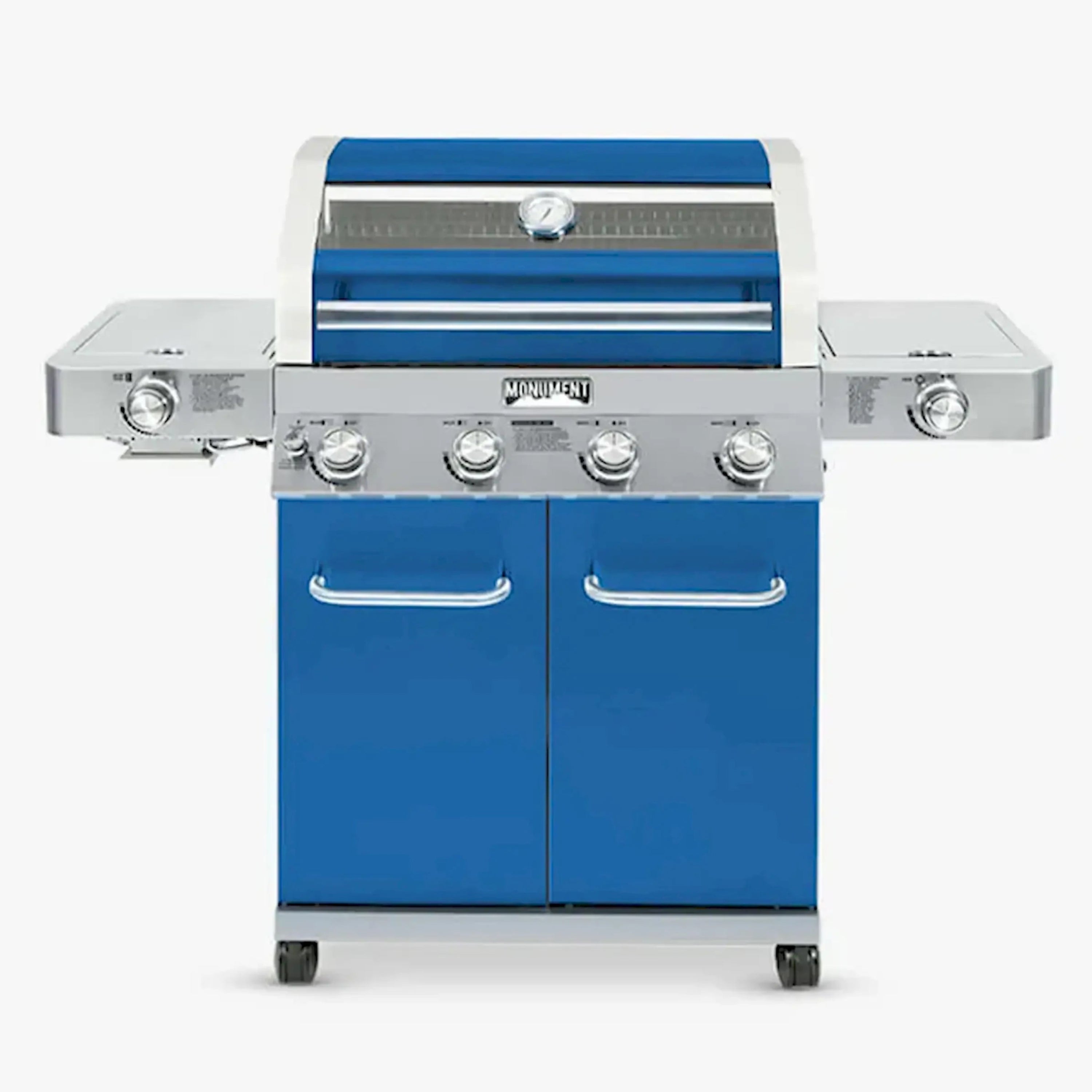 Front view of blue infrared propane gas grill with control knobs and doors