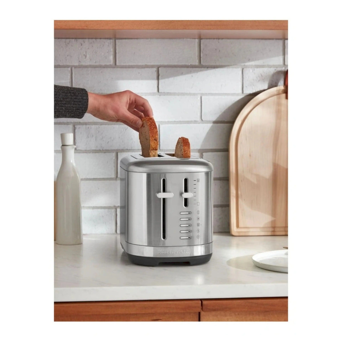 KitchenAid 2-slice toaster in brushed stainless steel, showing two wide slots